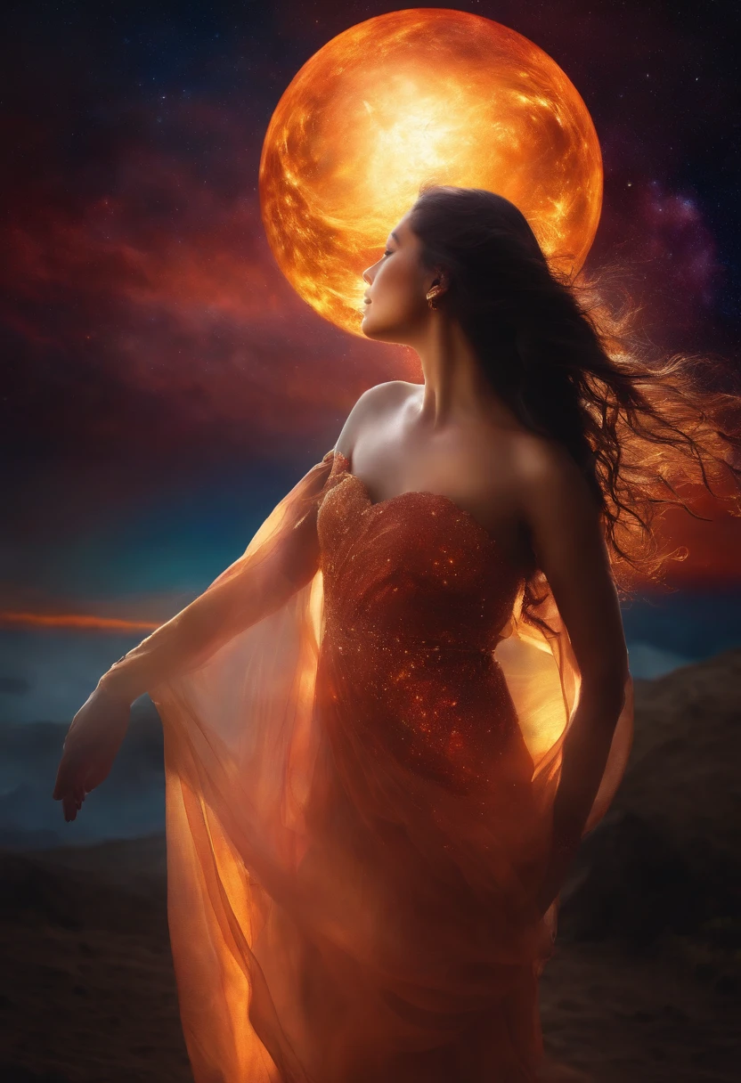 a galaxy big translucent woman holding the sun in her arms, colorful, perfect definition, magnificent capture