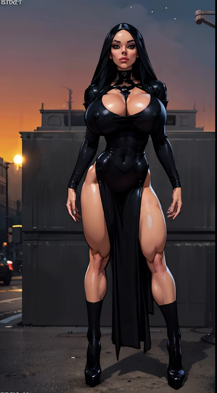 ((Character sheet:1.4)) ((full body view:1.5))1 Same Girl , Perfect Beautiful , robot Face , ((android woman)),( metallic android , long Hair , Black Gothic Nun Dress , Athletic Body , ((gigantic breasts:1.2)) Extreme Detailed Portrait With Bokeh Effect , Realistic Lighting , Night Street View , Dark Vibe , Crowd , Gothic Makeup , Gothic Tattoo , Posing Like a Model , Look at Viewer, cool lighting, blue street lamp light ((sunset ambiance light:1.0))