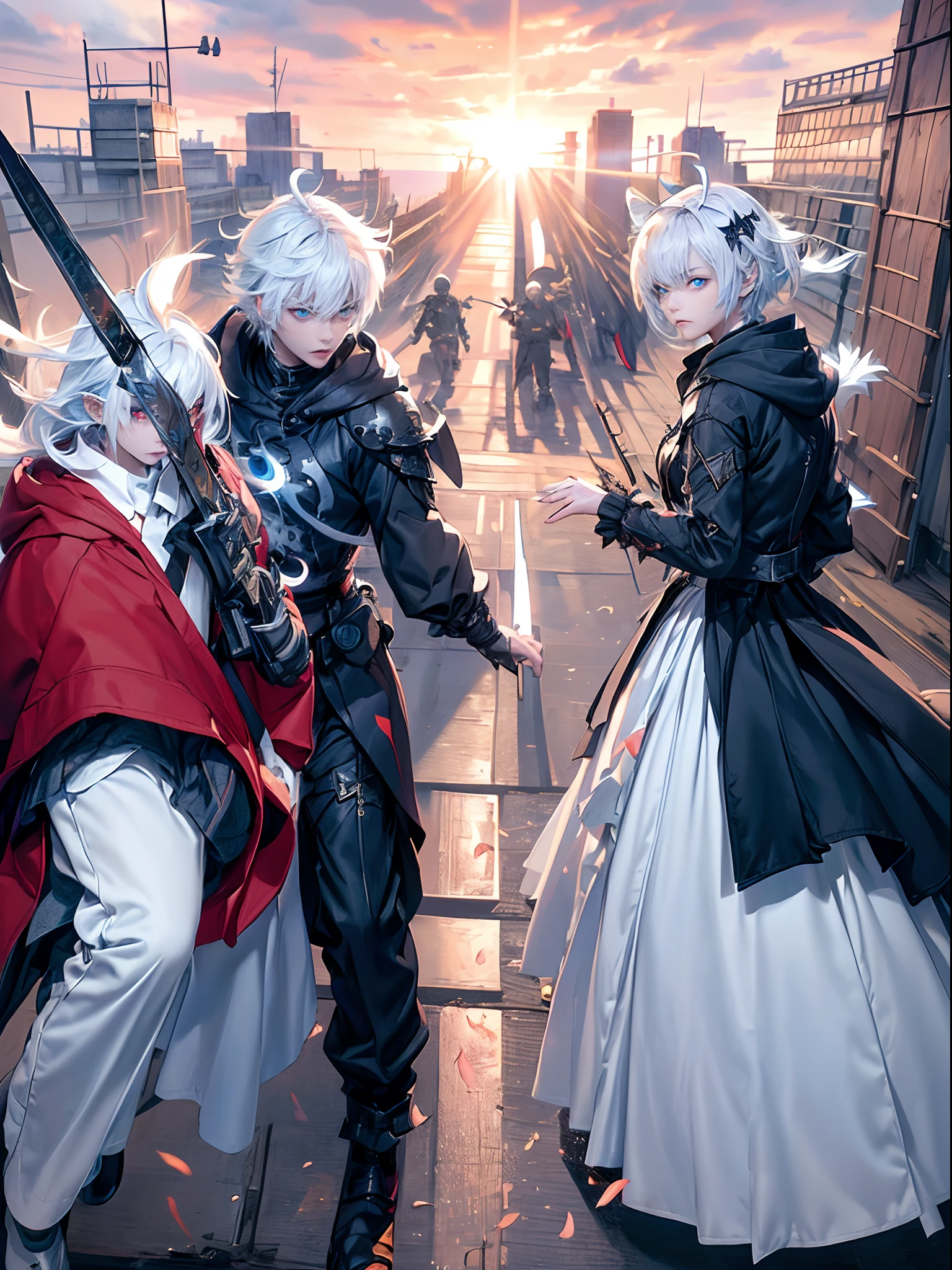 ((4K works))、​masterpiece、(top-quality)、One Beautiful Girl、One Evil Man、((Male and female photos))、Slim body、tall、((Black Y-shirt and white pants、Charming street style))、Please wear one jacket、Wearing a hood to hide his face、(Detailed beautiful eyes)、Midnight Combat、In the fight against the demon man、((In battle on a cloudy sky))、((Two are fighting while flying in the sky))、((Flying in the sky))、saddened、suffocating、desolate、((Pitch black sky))、((Face similar to Carly Rae Jepsen))、((Short-haired white hair))、((Smaller face))、((Neutral face))、((Woman with bright blue eyes))、((American Adult Women and Men))、((Adult female and male 26 years old))、((With cool ladies))、((demon male))、((Like a celebrity))、((Korean Makeup))、((elongated and sharp eyes))、((angry expressions))、((In the fight with the sword))、((boyish))、Professional Photos、((Shot by two))、((She's fighting demon men))、((She is in front of the viewer))、((She is fighting in a distant place))、((In front of her is an evil man flying))、((She is flying in the sky and fighting))、horor、Photos of sadness、((Photos during the battle))
