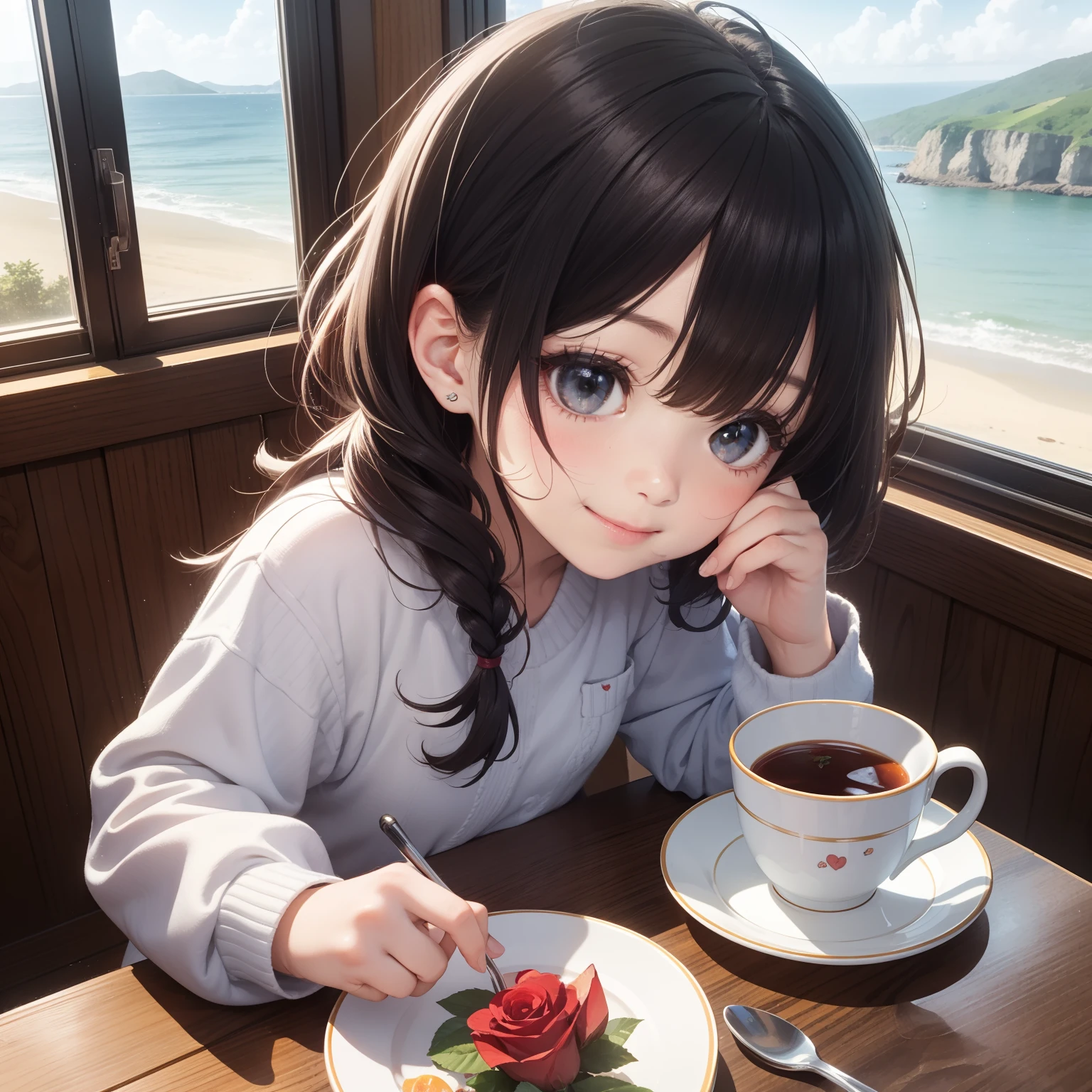 5 year old girl sitting at the dining table，largeeyes，ssmile，Juice on the table，for breakfast，Sunny sea view from the window，Warm and healing，Cute expressions，Roses by the window，coloured hair，Half-blood kawaii，Earth tones style