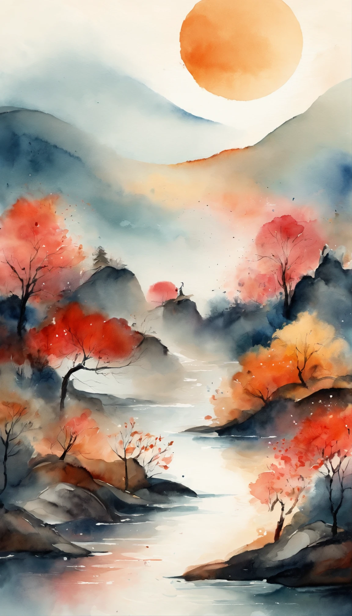 Lunar New Year's Day，Chinese landscape, abstract paintings, Zen, Cover art with light abstraction, Simple vector art, Contemporary Chinese art, Gradient of color, Soft color palette, layered forms, Whimsical animation, The style is ethereal and abstract