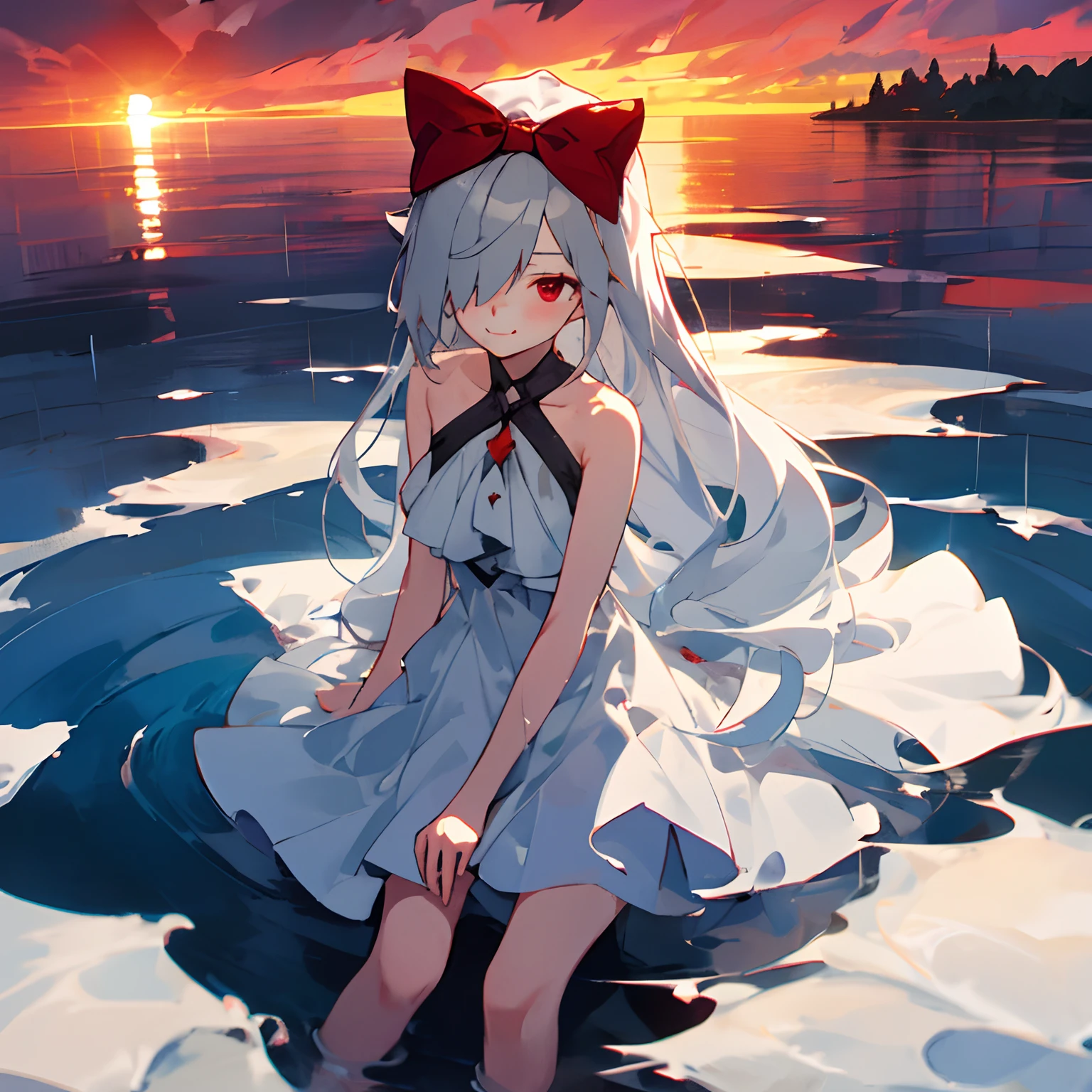 sinestrea, 1girl, grey hair, bare shoulders, sleeveless white dress, frown hair bow, hair over one eye, one eye covered, long hair, medium breasts, red bow, red eyes, smile, ((raining)), sunset, sky, cloud, sitting, looking at viewer, reflection, (from above:0.8), water surface,