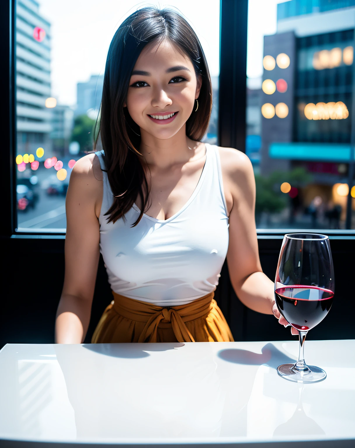 (64K, UHD, top quality, masterpiece: 1.2), (realistic, photorealistic: 1.37), super detailed, pretty woman 1 person, (slim face), (slim body), (brown hair), (short cut), cheeks slightly blushing, (44 years old), 38 years old, solo, beautiful detailed urban night view outside the window, restaurant, wine glasses sit, at night, in a prominent placeNovaFrogStyle, Actress, Model, Waist Up, White Wine, Slim, Wine Glass, Super Clean Night View, Wine Glass Put in the Middle, Happy Smile, (Smile: 1.15), Beautiful Fine Eyes, Upper Body, Bust Japan Up, Night, Short, Short, Actress, Model, Waist Up, White Wine, Slim, Wine Glass, Super Clean Night View, Wine Glass Put in the Middle, Happy Smile,