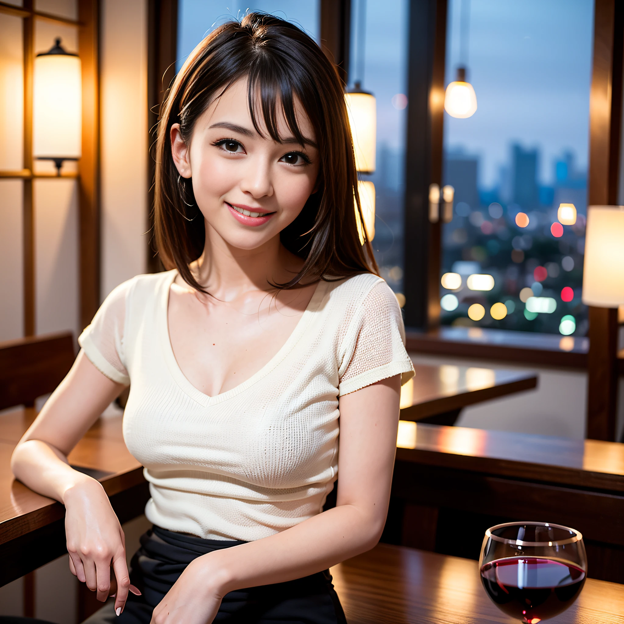 (64K, UHD, top quality, masterpiece: 1.2), (realistic, photorealistic: 1.37), super detailed, pretty woman 1 person, (slim face), (slim body), (brown hair), (short cut), cheeks slightly blushing, (35 years old), 38 years old, solo, beautiful detailed urban night view outside the window, restaurant, wine glasses sit, at night, in a prominent place (from the waist up) NovaFrogStyle, Actress, Model, Waist Up, White Wine, Slim, Wine Glass, Super Clean Night View, Wine Glass Put in the Middle, Happy Smile, (Smile: 1.15), Beautiful Fine Eyes, Upper Body, Bust Japan Up, Night, Short, Short, Actress, Model, Waist Up, White Wine, Slim, Wine Glass, Super Clean Night View, Wine Glass Put in the Middle, Happy Smile,