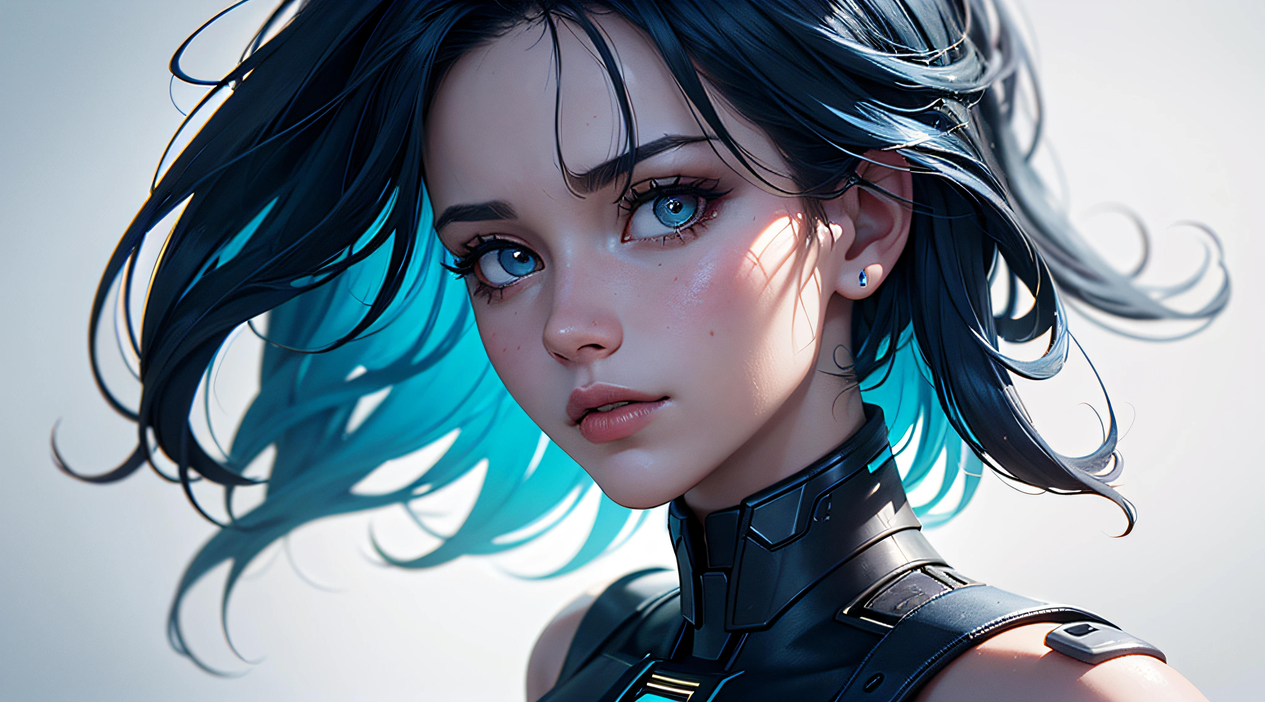 Cortana from Halo universe, she has blue skin, bare blue skin, blue head, blue hair, she's transparent, she's a hologram, lighting and background is bright realistic cyberpunk style, with high attention to detail and sharp focus. The colors are vivid and contrasted, with a slight desaturation. The lighting is dramatic, with shadows and highlights enhancing the overall composition. The medium used is a digital illustration, with a touch of photo-realistic elements to add depth and texture to the image. The final result is a masterpiece in ultra-high resolution, showcasing the intense and raw nature of Cortana.