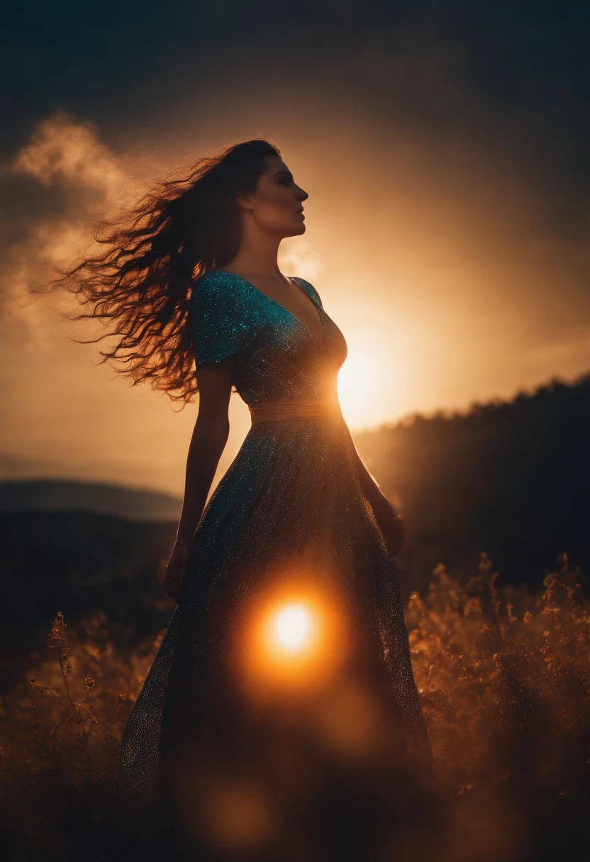 a galaxy big translucent woman holding the sun in her arms, colorful, perfect definition, magnificent capture