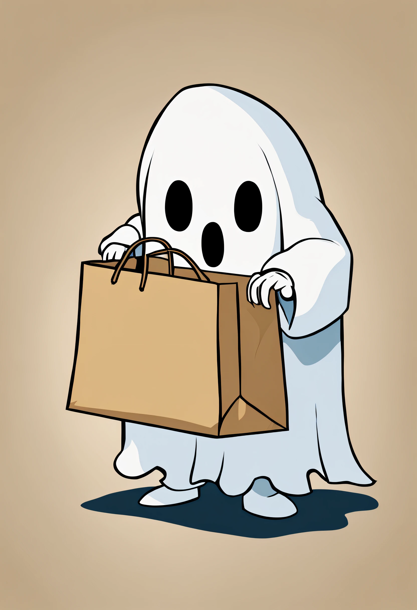 Ghost wearing a paper bag drawn in extreme deformation、Cartoon style、Single-color background、Very simple painting、masutepiece、