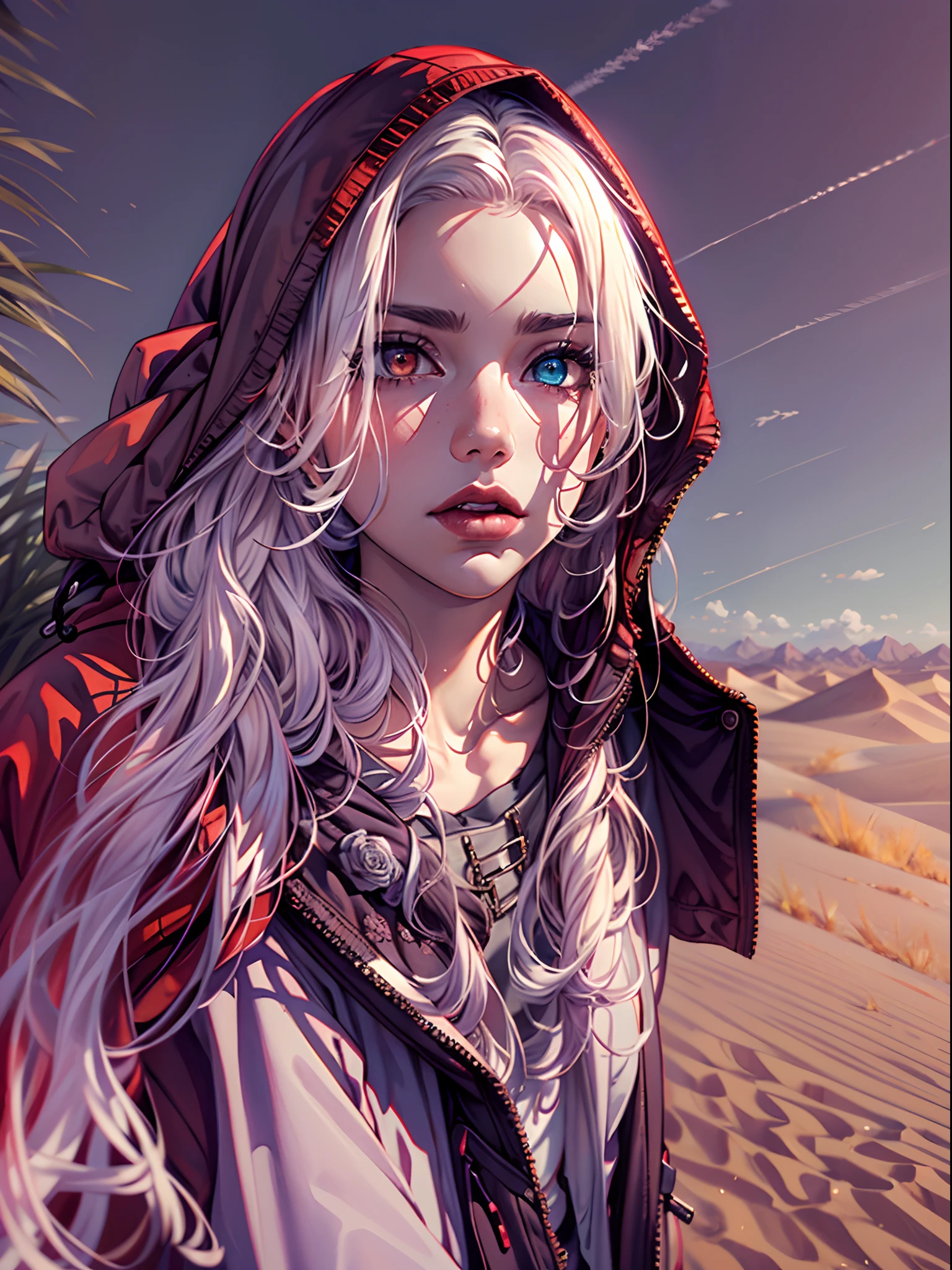 ((desert, sand, dunes, refraction effect, sun)), (masterpiece, best quality), (1girl), (solo), ((portrait)), perfect face, ((heterochromia, blonde and purple hair, ((red long parka)), gothic unnecessary belts everywhere, mole below eye)), the background is a beautiful desert with cactus, tumbleweed, cinematic light, sunny day, dramatic lighting, ultra detail, 8k, watercolor, dainty, delicate (gothic lace, gothic roses, goth aesthetic)