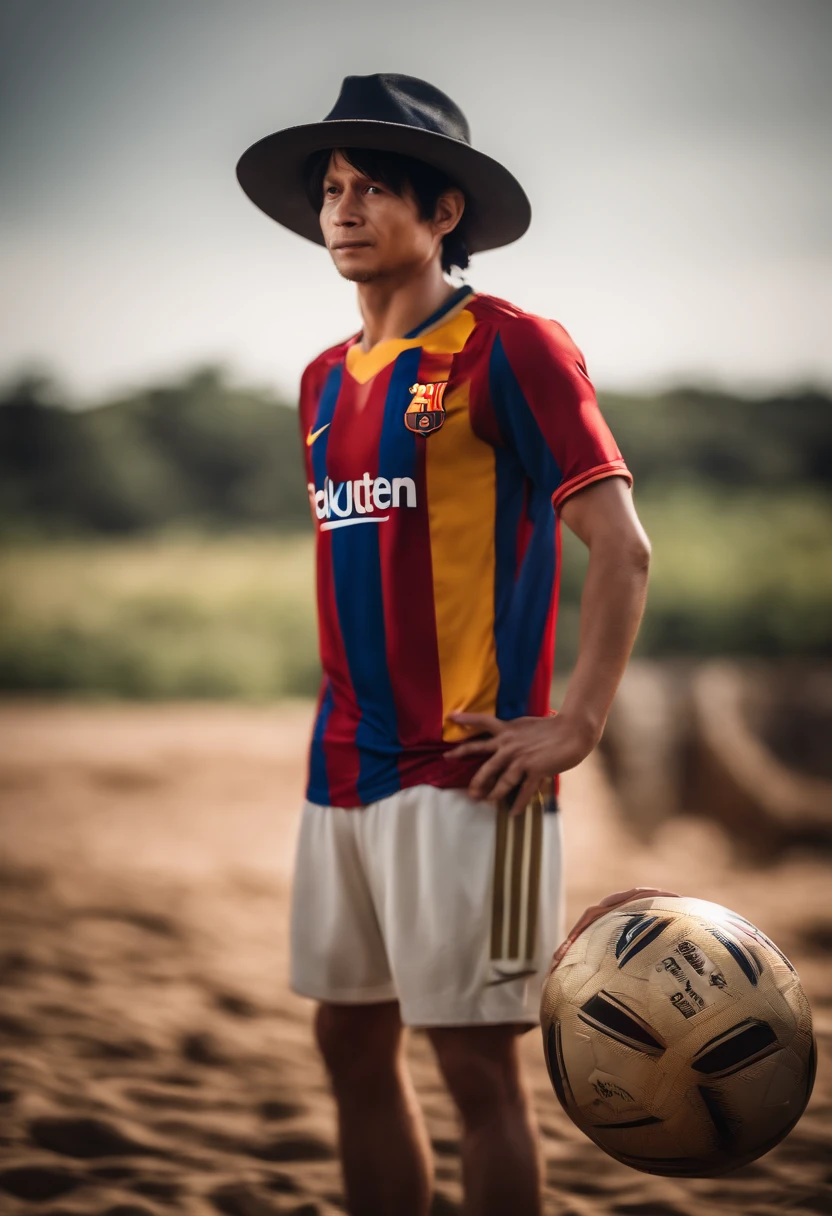 Portrait de Luffy au chapeau de paille avec le maillot de Lionnel Messi