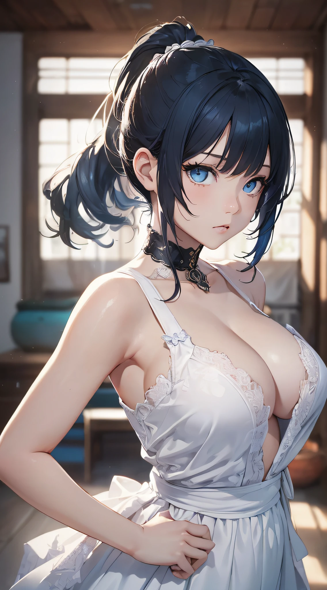 top-quality、Top image quality、​masterpiece、girl with((cute little、18year old、Best Bust、Medium bust、Bust 85,Beautiful blue eyes、Breasts wide open,Ponytail with black hair、A slender、Blue hair mesh、robe blanche、White short skirt、Karate stance)）hiquality、Beautiful Art、Background with((Large White Room、White lighting)),masutepiece、Elaborate design、visualart、depth of fields、The best lighting、highestdetailed、8ｋ