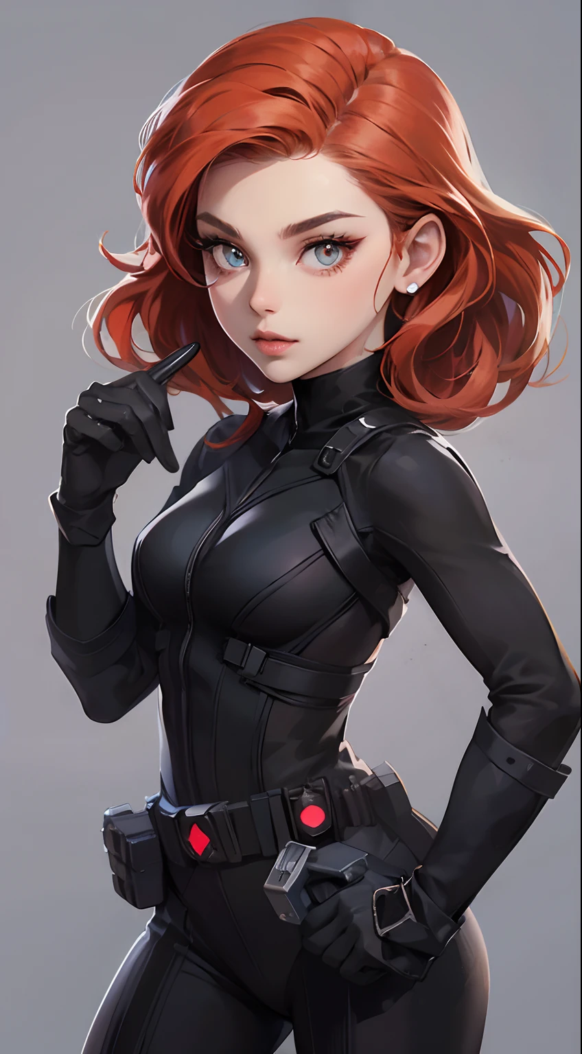 outstanding,Cartoony, Close-up of a cartoon character of a woman in a black suit, Black Widow, beautidful eyes, drawn in the style of artgerm, Cartoony