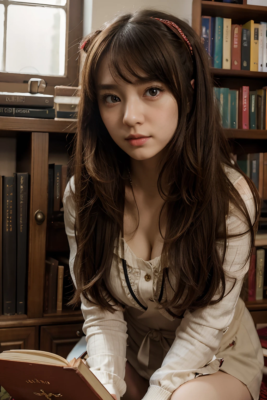 ((Masterpiece,Best quality))1girll, Solo, bookshelf, pile of books, Suzuno, Indoors, hair adornments, Yuina, Red eyes,  nakeness，