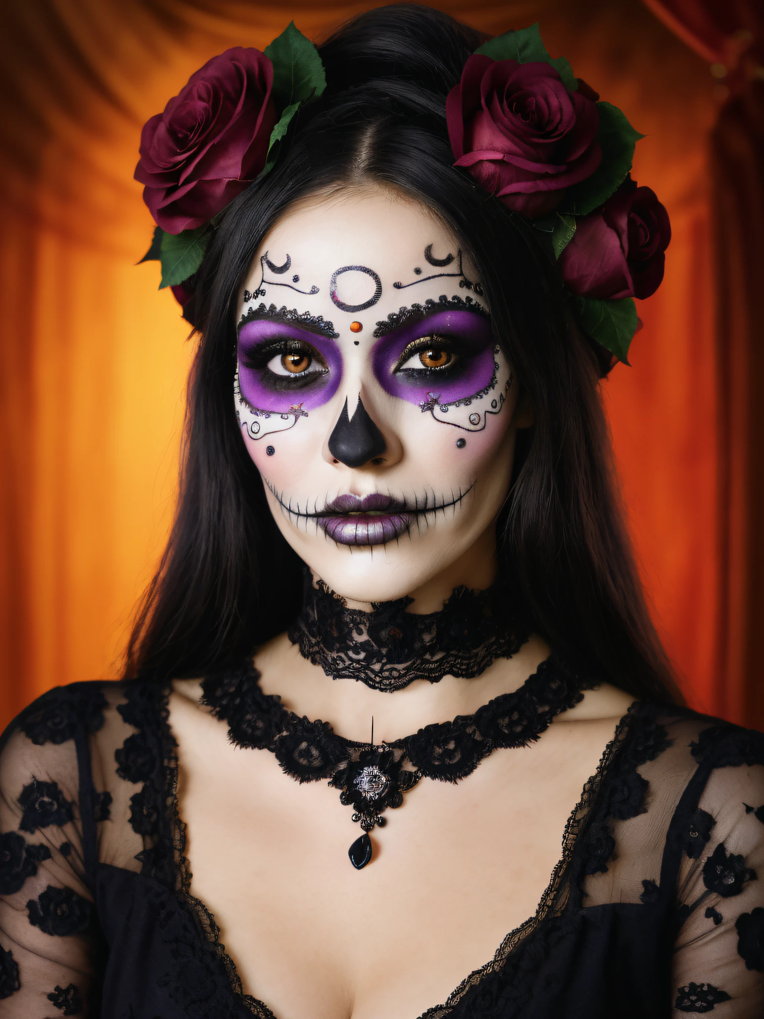 (close-up, photograph, 30 yo woman) ( artistic makeup:1.2) (highly detailed face:1.4) (smirk:0.7)(colored makeup Dia de Muertos:1.2):  posing in luxury castle, wreath of roses (on head:1.2) (black dyed hair) (background inside dark:1.3), by Steve McCurry, canon m50, editorial photograph, f1.8 lens ,black choker ,hyper realistic ,lifelike texture, dramatic lighting , awardwinning photo,