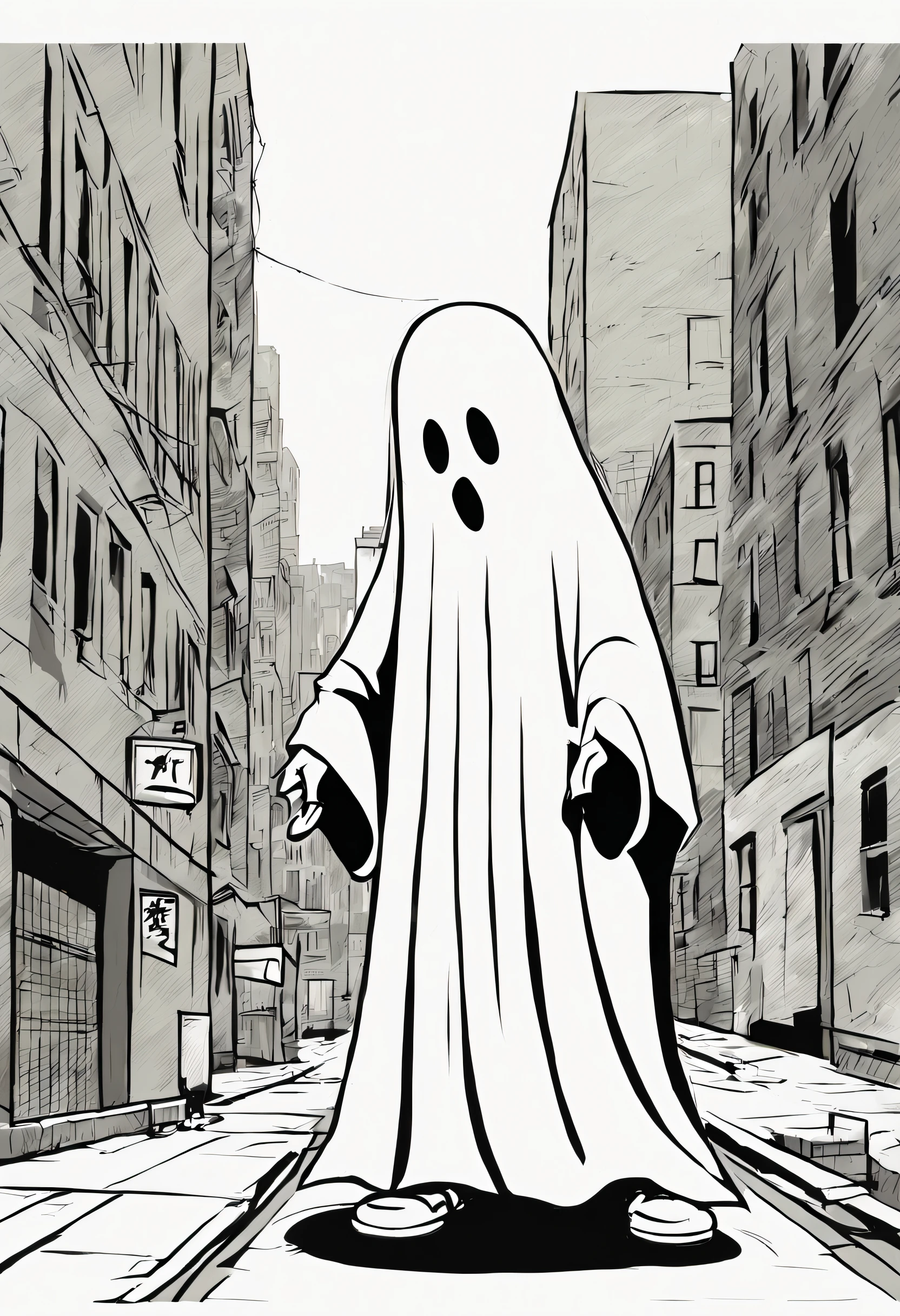 A ghost drawn with extreme deformation、Back alleys in New York、Cartoon style、Single-color background、Very simple painting、masutepiece、