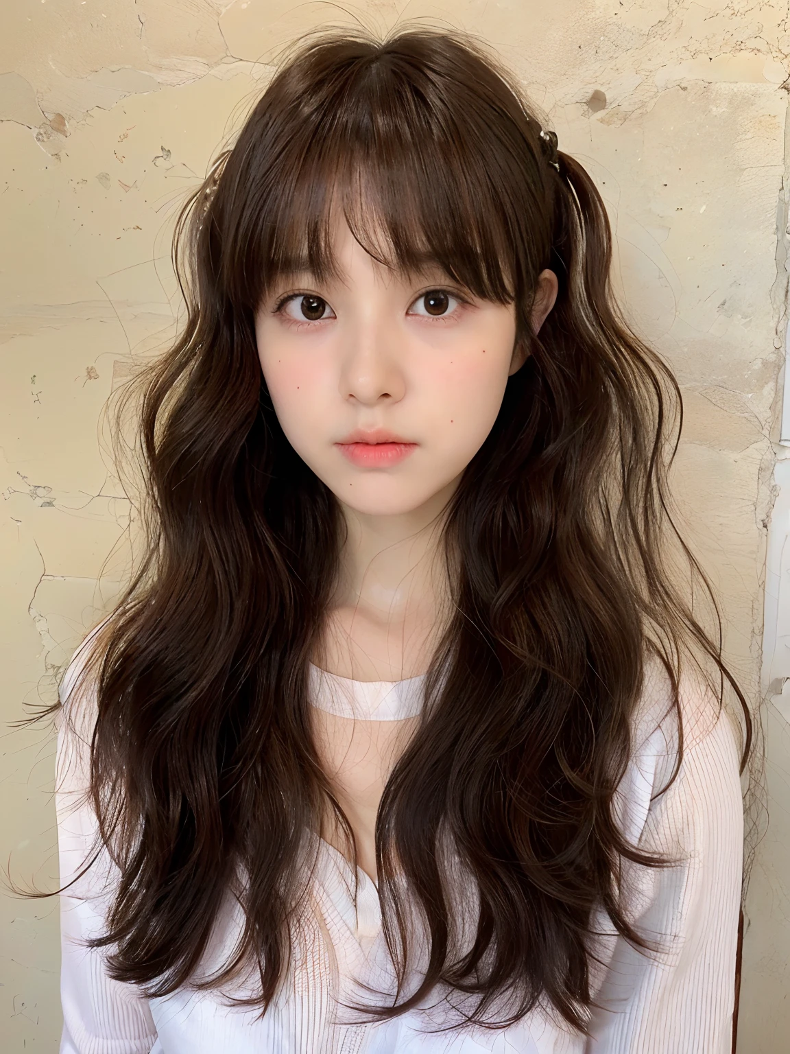 Teenage Girl,middle school student,Close-up of a teenager with long hair and a white shirt, long hair with bangs, neat hair with bangs, Long hair with full bangs, Fluffy bangs, Long brown hair with bangs, the hime cut, Bangs and wavy hair, Brown bangs, ulzzang, brown hair with bangs, With bangs, brown hair and bangs, Bangs split in the center