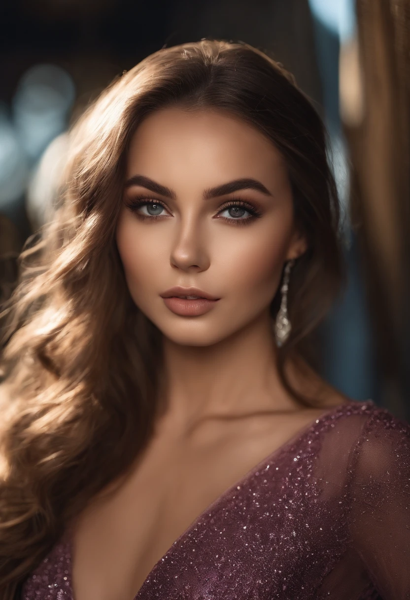 Arafed woman completely , fille sexy aux yeux bruns, ultra realist, Meticulously detailed, Portrait Sophie Mudd, cheveux bruns et grands yeux, selfie of a young woman, Dubai Eyes, Violet Myers, sans maquillage, maquillage naturel, looking straight at camera, Visage avec Artgram, Maquillage subtil, Stunning full-body photo in evening gown, dans un club, Medium to large bust