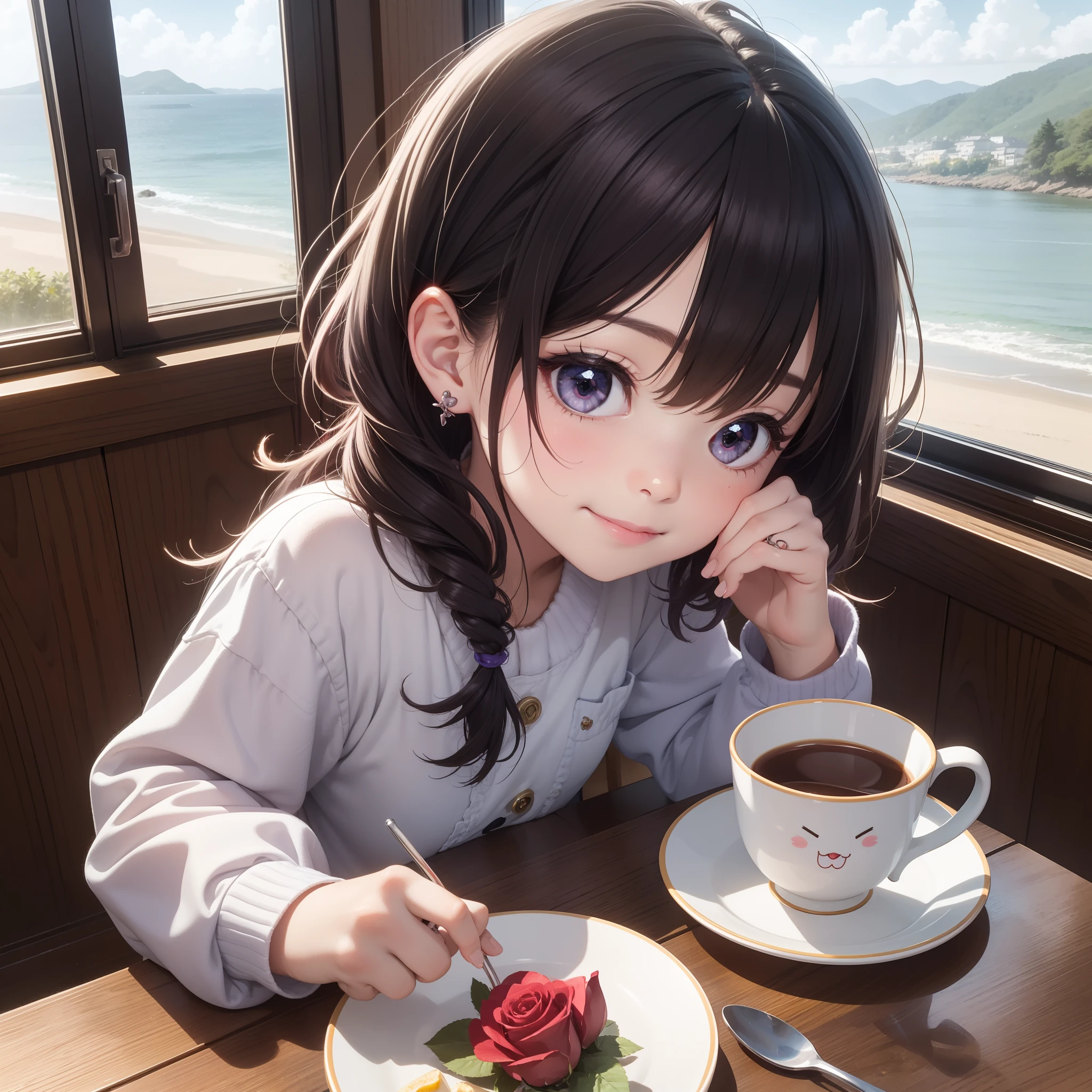 5  girl sitting at the dining table，Starry sky purple big eyes，ssmile，Juice on the table，for breakfast，Sunny sea view from the window，Warm and healing，Cute expressions，Roses by the window，coloured hair，Half-blood kawaii，耳Nipple Ring