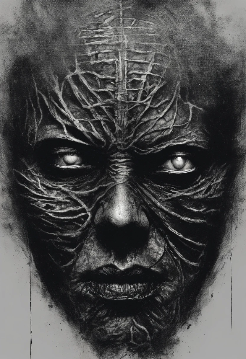 visualize a portrait of a shadow with a scary asian face painting