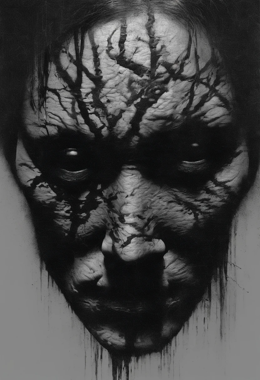 visualize a portrait of a shadow with a scary asian face painting