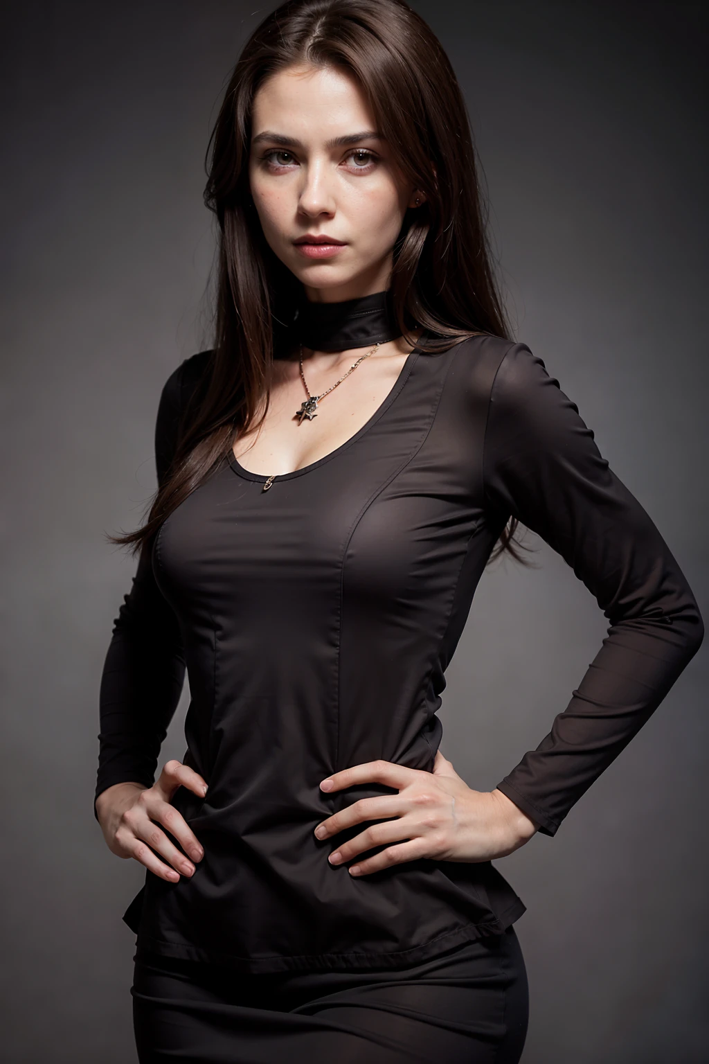 (photo portrait:1.0), a woman wearing elegant clothes, brown hair, dark eyes, hand on hip, (sadestic woman, upper body, blood on face, torture)