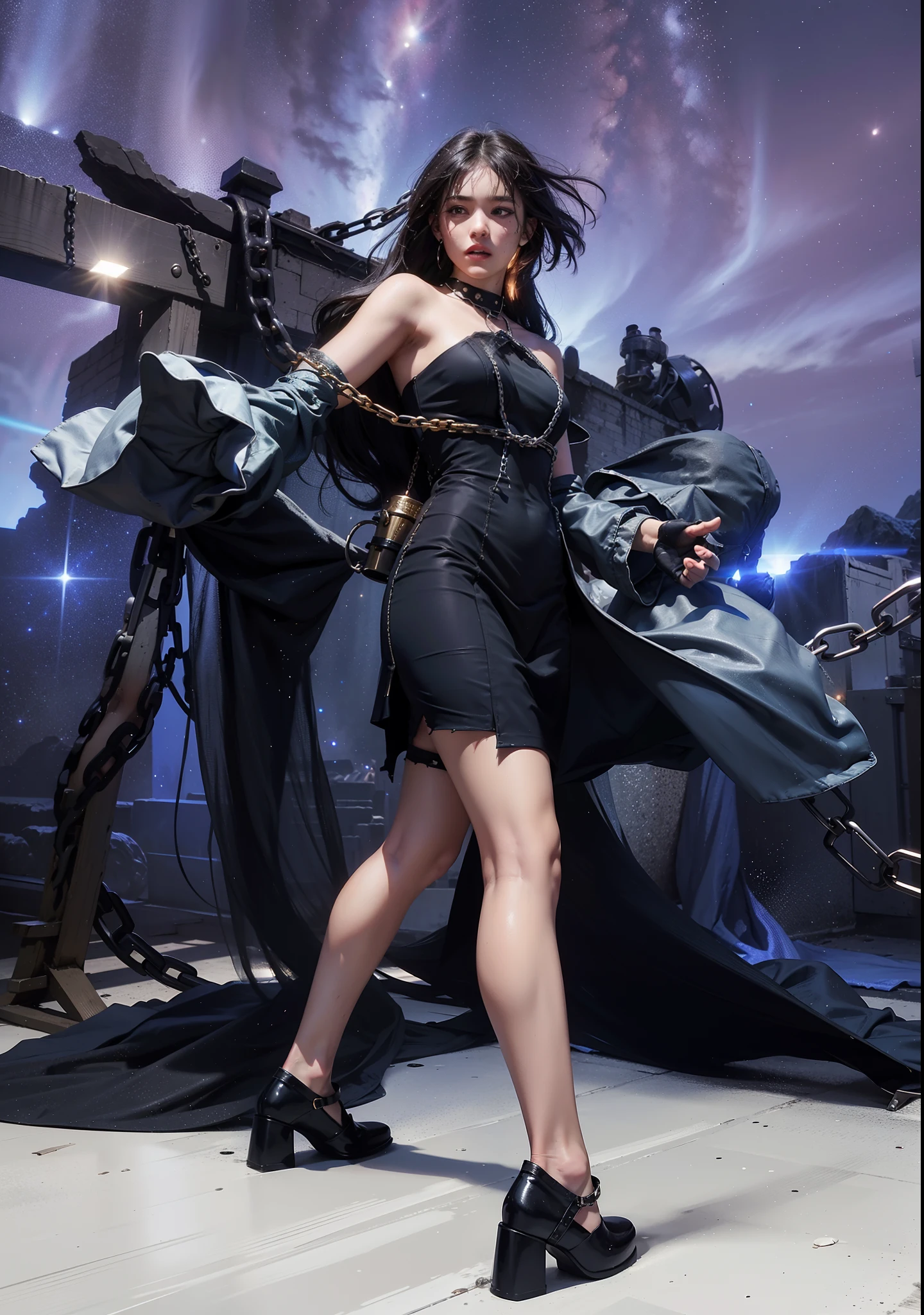 ,((Wearing a torn sheer costume of a superheroine)),(, No bra)), Wet crotch, Wet thighs, Beautiful girl with accentuated slender abs: 1.4, (((nipple tips protruding, areola is protruding, The shape of the pubic region is clearly visible)), sixpack abs: 1.4, Bust Botox, Photo, Sharpness, Unique 850 4, Koda850 k portrait camera, F1.6 shots, Ultra-realistic textures, Spectacular light textures, Cinestil 800 Fashion Mechanics, (futuristic sci-fi battle fashion: 1.1), (tied perfectly by chain), Restraint, Slaves, collars, ((wide prison with sunlight)), Dark fantasy, Realistic material details, extreme hight detail, Ultra-realistic materials ((Torn costume))), Wet, Cloudy, (Chained)), ((big emphasized by chains)), ((chains digging into crotch)), ( (Collar)), (, No bra), shredded costumes, broken golden shields and battle spears,, White combat gloves, Combat shoulder armor, Blood splattered on the face, Blood splattered, Realistic, (Bruises, Dirty, ripped clothing, skimpy clothing, Blood: 1.3),  Torn Cape, Torn pantyhose, Long legs, ((iron pipe in the crotch)), Metallic shackles and fetters, ((chains hung from heaven)), Wet crotch is clearly visible, Swarovski's sword and the anatomy beneath his feet, (futuristic sci-fi battle fashion, Torn mesh stockings),Milky Way Starry Sky，Leg repair，Two legs，