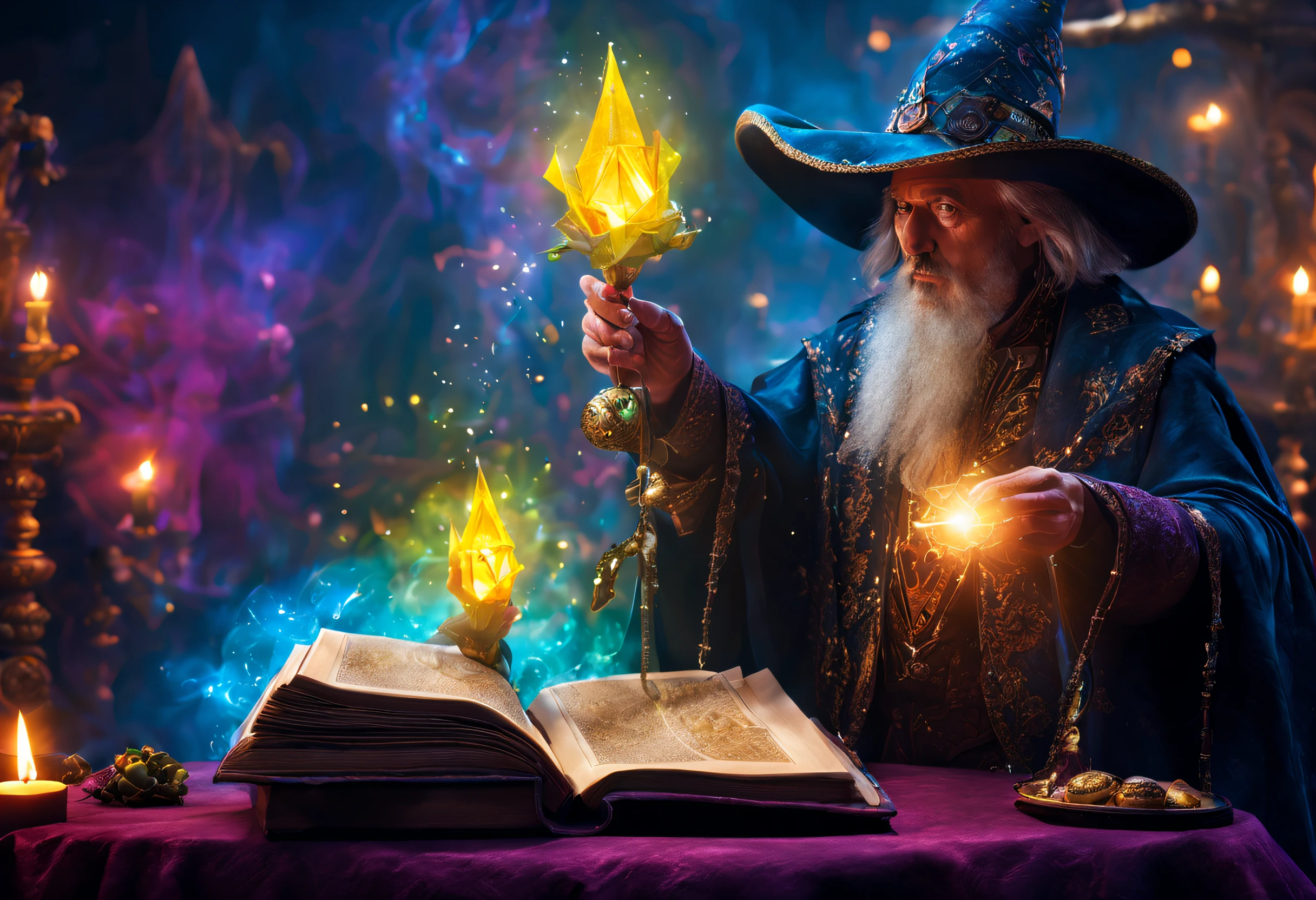 best quality, 4k, 8k, high resolution, masterpiece: 1.2), ultra detailed, (realistic, photorealistic, photorealistic: 1.37), (a sorcerer magician with a mystical prickly pear, in the middle of a magical ritual: 1.42), with his magic book and a crystal staff with arcane symbols. The scene is filled with vibrant colors, with the Magician's magic creating a captivating visual spectacle. Every detail of the magic is meticulously rendered, with textures and lighting effects accentuating the pulsating energy. The image is a true work of art, with a very high resolution. Every detail is taken care of to the maximum, with an impressive atmosphere full of magic, surrounded by a mystical aura.