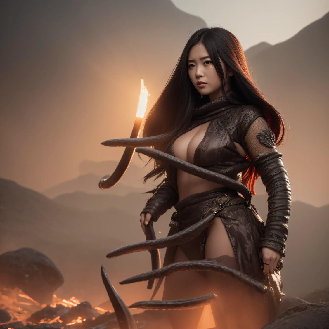 CG Giant Secret Realm,Asian women pose in colorful bikinis, Realistic secret manga girl rendering, detailed face of a asian girl, Realistic in the secret world, Smooth CG art, Realistic. Cheng Yi, Realistic secret style, A lovely secret rendering, Rendu portrait 8k, Render character art 8 K, Kawaii realistic portrait, (Linen batik scarf), Angry fighting stance, looking at the ground, Batik linen bandana, Chinese python pattern long-sleeved garment,Uncharted(Abstract propylene splash:1.2), Dark clouds lightning background,废墟(realisticlying:1.4),Black color hair,Flour fluttering,Telephoto lens high, A high resolution, the detail, RAW photogr, Sharp Re, Nikon D850 Film Stock Photo by Jefferies Lee 4 Kodak Portra 400 Camera F1.6 shots, Rich colors, ultra-realistic vivid textures, Dramatic lighting,8K quality, Girls,Backstreets, Dark clouds lightning background(realisticlying:1.4),Black color hair,Uncharted, RAW photogr, Sharp Re, Nikon D850 Film Stock Photo by Jefferies Lee 4 Kodak Portra 400 Camera F1.6 shots, Rich colors, ultra-realistic vivid textures, Drama light film CG society,Tropical canyon battle scene、Chinese big breasts、Vintage trench coat、three kingdom、ember、100 people、Faraway view、intense battles、high detal、masuter piece、NSFW,Multi-layered long-sleeved gauze garment,Quick-dry vest,Colorful cotton and linen sweater,Red and black snake cloak cloak,Doomsday ruins(Uncharted)Climb the streets(Armageddon)eyes filled with angry,He clenched his fists
