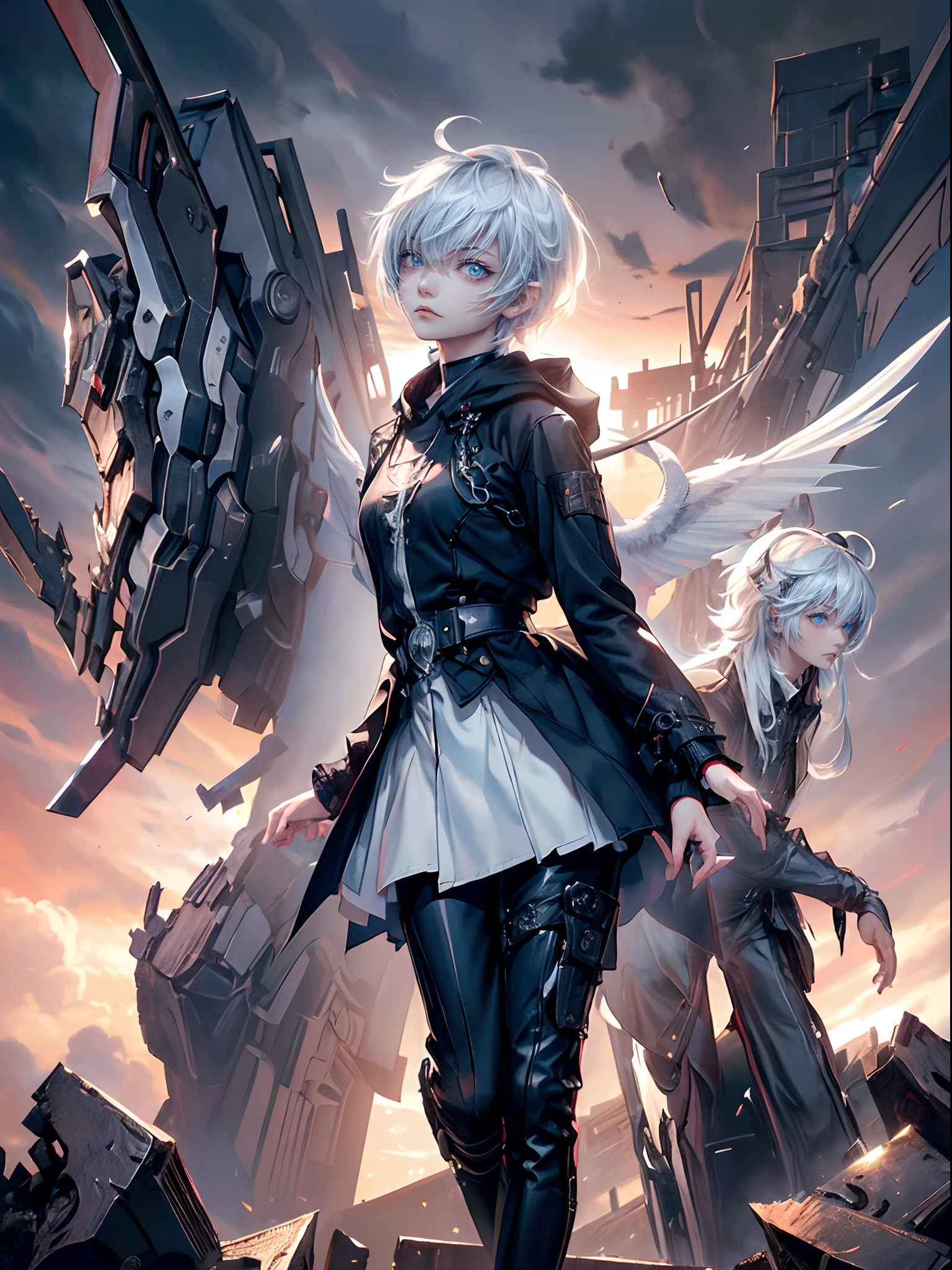 ((4K works))、masterpiece、(top-quality)、One Beautiful Girl、One Evil Black-Haired Man、((Male and female photos))、Slim body、tall、((Black Y-shirt and white pants、Charming street style))、Please wear one jacket、Wearing a hood to hide his face、(Detailed beautiful eyes)、Midnight Combat、In the fight against the demon man、((In battle on a cloudy sky))、((Two are fighting while flying in the sky))、((Flying in the sky))、saddened、suffocating、desolate、((Pitch black sky))、((Face similar to Carly Rae Jepsen))、((Short-haired white hair))、((Smaller face))、((Neutral face))、((Woman with bright blue eyes))、((American Adult Women and Men))、((Adult female and male 26 years old))、((With cool ladies))、((demon male))、((Like a celebrity))、((Korean Makeup))、((elongated and sharp eyes))、((angry expressions))、((In the fight with the sword))、((boyish))、Professional Photos、((Shot by two))、((She's fighting demon men))、((She is in front of the viewer))、((She is fighting in a distant place))、((In front of her is an evil man flying))、((She is flying in the sky and fighting))、horor、Photos of sadness、((Photos during the battle))