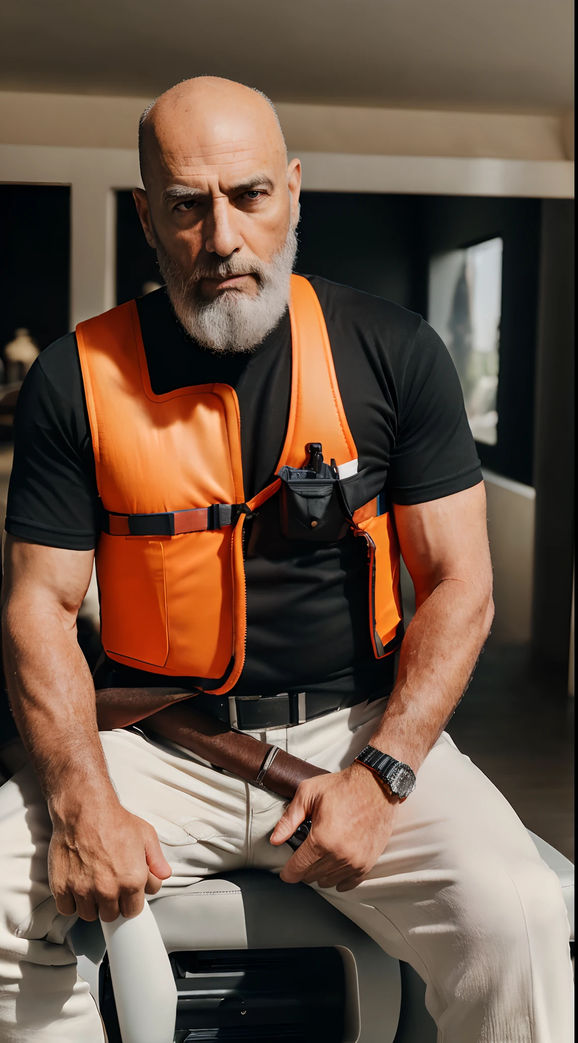 (best quality,4k,8k,highres,masterpiece:1.2),ultra-detailed,(realistic,photorealistic,photo-realistic:1.37),aged man, bald, wearing an orange safety vest over a black t-shirt, holding a gun in his hand, of North African descent, with a full beard, sitting on a white motorcycle, not muscular.