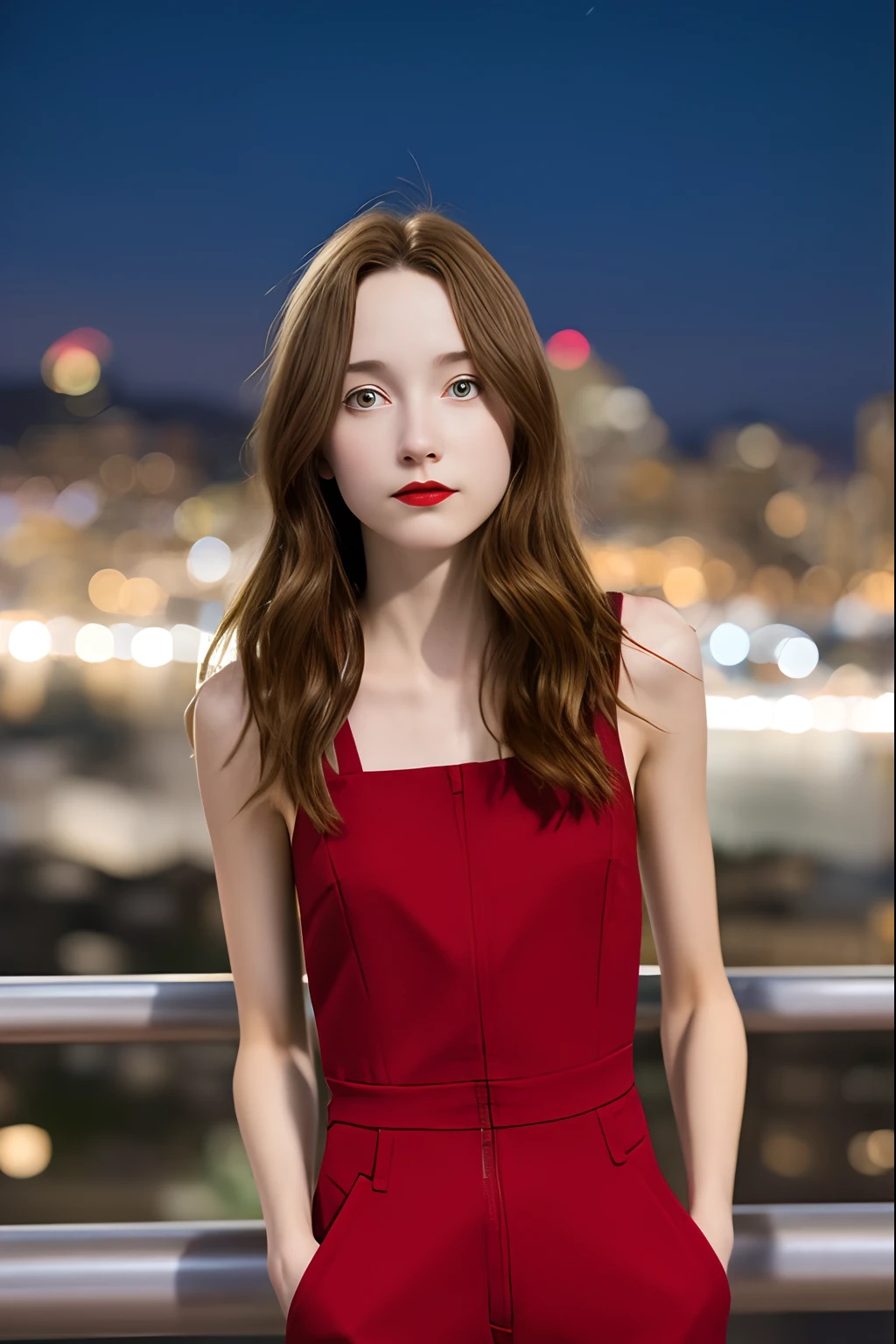 skinny max caulfield ,
brown hair , ,. red lips ,long hair , , no selfie , depth of field, no happy,
, no smiling ,,, jumpsuit , jens pants , ,
looking at viewer, city at night