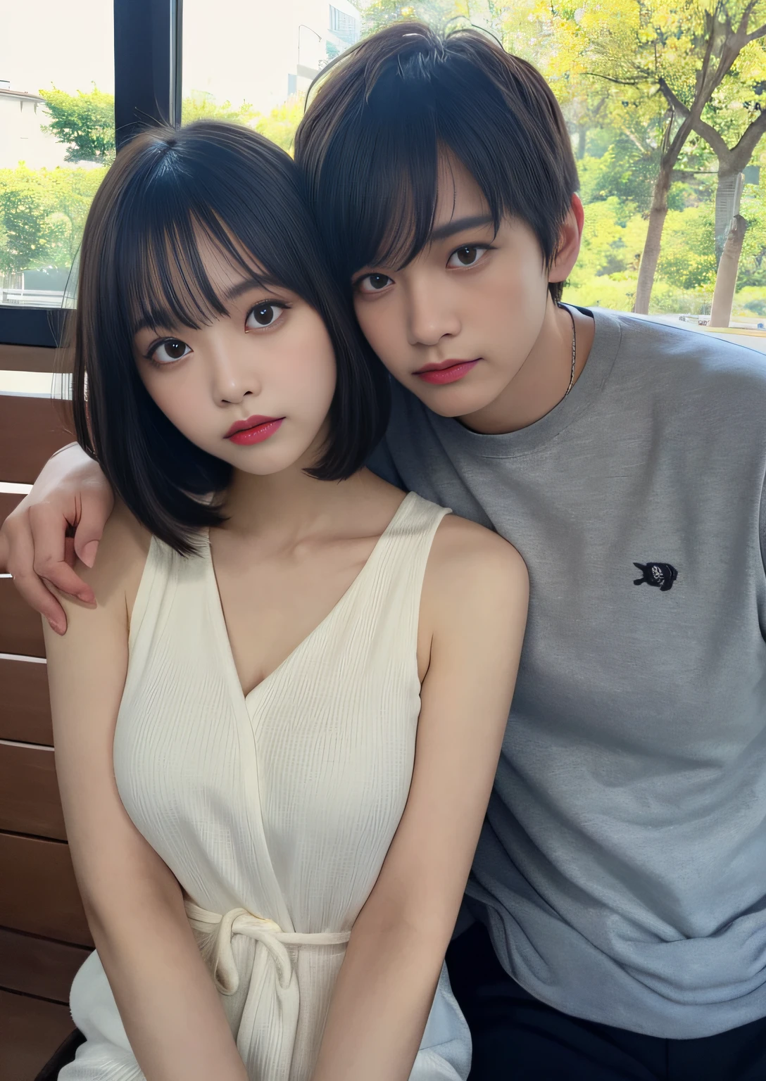 Park Jimin and Jeon Jungkook hugging inside a modern house, they both look at the cell phone camera because it is a selfie. Jeon has his arms wrapped around Jimin's waist, and Jimin has his around Jeon's neck.
Jimin has blonde hair and light facial features, Jeon has dark hair and a more closed expression.
They're a gay couple.