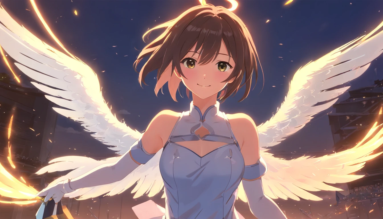 (masterpiece, best quality:1.2), solo, 1girl, albedodef, naughty face, smile, looking at viewer, hands on own chest, ahoge, horns, slit pupils, dress, hip vent, white gloves, black wings, bare shoulders