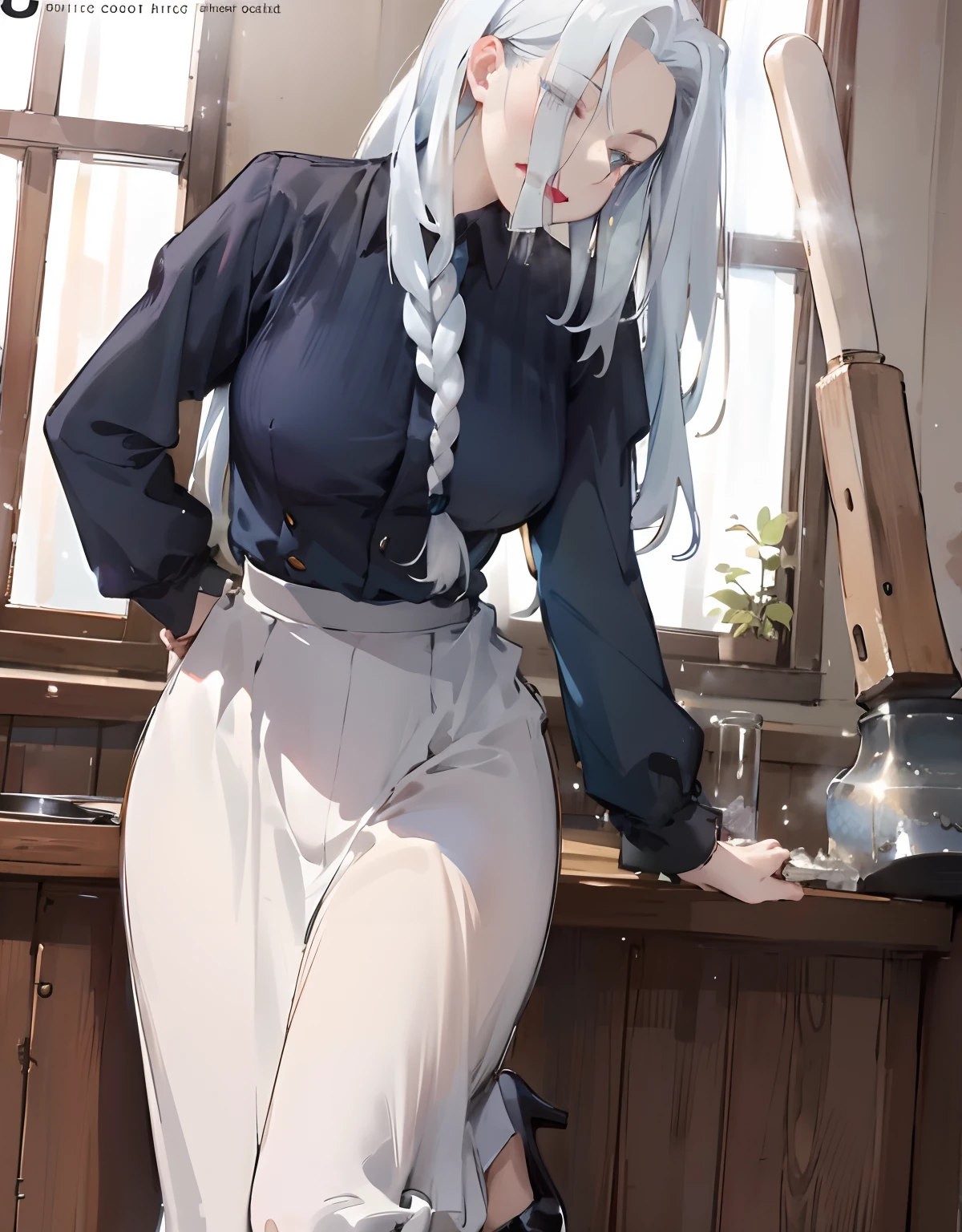(masterpiece:1.2, best quality), (highly detailed:1.3), 1girl, , (bottomless, naked bottom, butt), from behind, white knitted sweater, long hair, holding a cup of coffee, winter, bedroom, standing by the window, bright, cold colors, morning