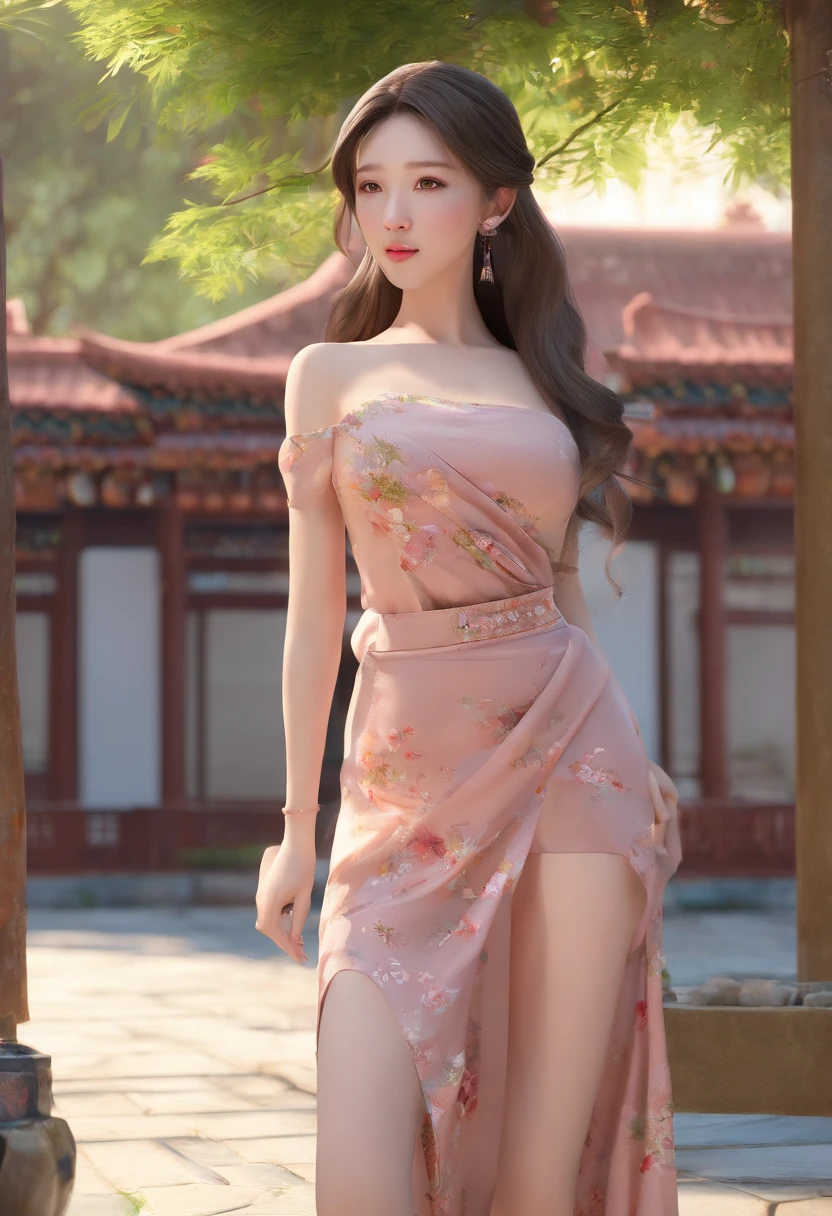 nsfw, 8K raw photo, Best quality, masterpiece, ultra high res, looking at viewer, (long brown hair:1.2), natural skin texture, realistic eye and face details, rouge (makeup), full lips, parted lips, lipstick, beautiful legs, tall female, skinny, slim_legs, thigh_gap, model, medium breasts, Chinese style courtyard, outdoors, China Dress,