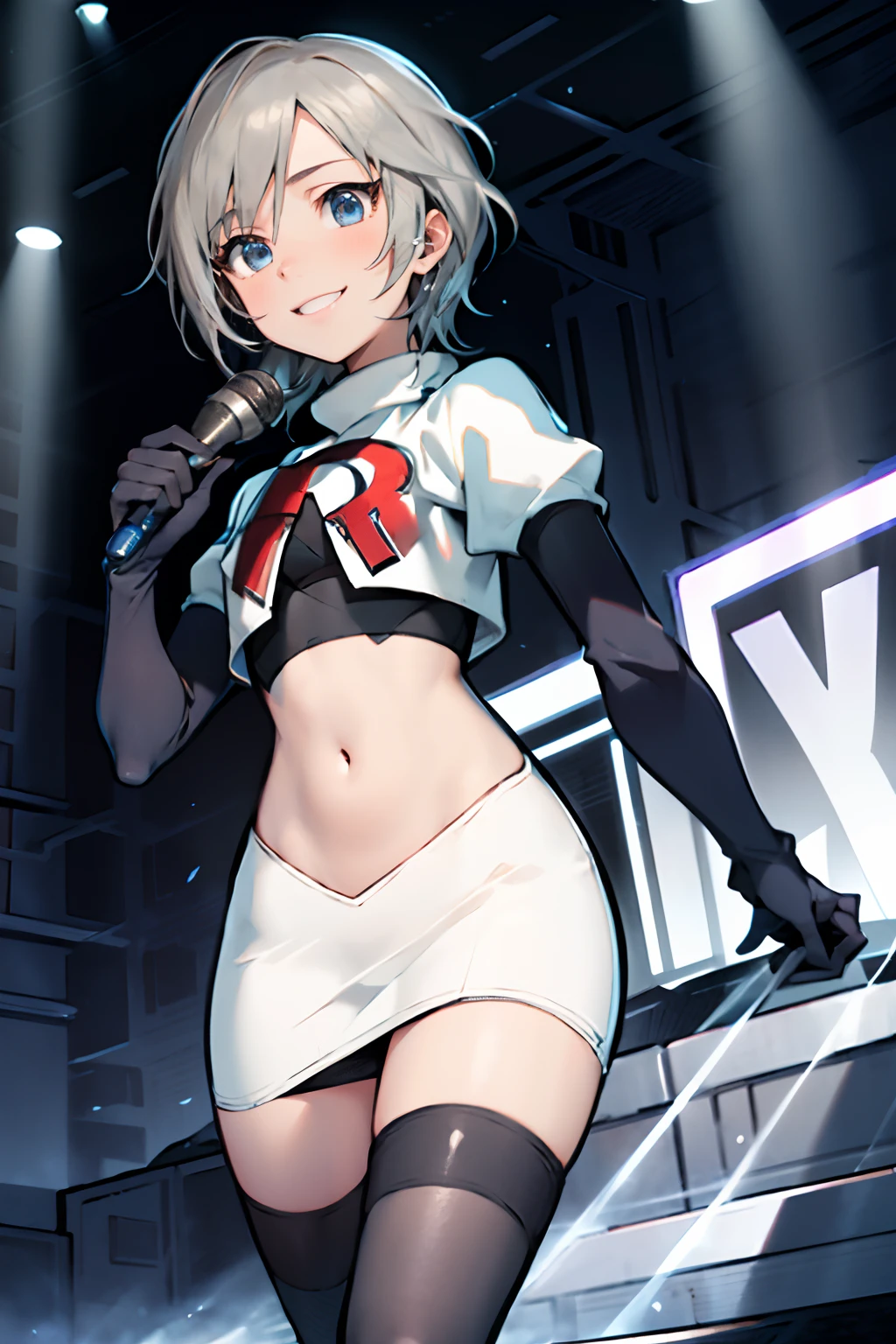 {{{masterpiece}}}, {{{best quality}}}, {{ultra-detailed}}, {illustration}, {{an extremely delicate and beautiful}}, (Best quality, 8k, 32k, Masterpiece, UHD:1.2),Photo of Pretty Japanese idol girl, top quality, best quality, realistic, unity, 8k wallpaper, official art, extremely detailed wallpaper,(3girls:1.5),(idol costume), (sweaty skin:1.3),,Chilck eyes,(take the spotlight:1.1),(stand microphone:1.5),(sing:1.5),(very short bob hair:1.3), (white hair:1.3),earrings,looking at viewer,(high detailed skin),realistic body,(small breasts:1.4),cute girl,no makeup, famous japanese idol,(standing),(low view),(lift skirt:1.1),(show off panties:1.2),(open panties:1.2),(race panties:1.3),(panties juice:1.4),(looking at viewer:1.1),(idle stage :1.5)