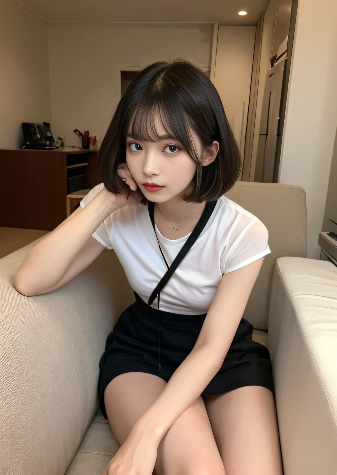 finely detail, hight resolution, hightquality、Perfect dynamic composition, Beautiful detailed eyes, Bob Layer Cut、frombelow、Gaze、From below、From below、sit on sofa、long legged、despise、Looking at the camera、holding a thick stick in your hand、Natural Color Lip, 28 year old、1 persons、Transparent skin、Glowing hair、Bedroom、inside in room、Fashionable clothes、Shibuya、Gelato Pique、room wear、Fashionable、beauty legs、Futomo、Shake your head、glares、irritation、irate