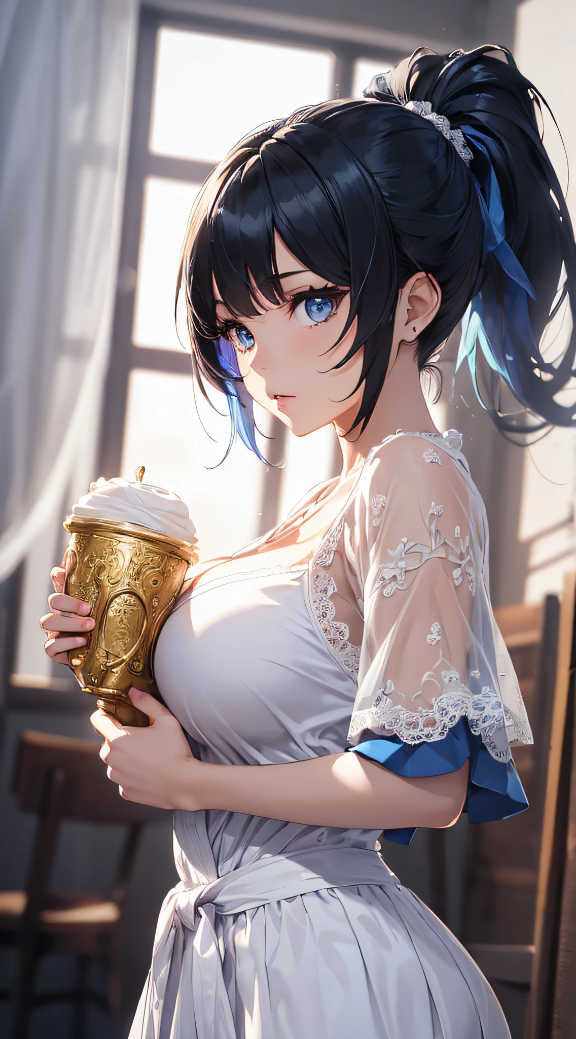 top-quality、Top image quality、masterpiece、girl with((cute little、18year old、Best Bust、Medium bust、Bust 85,Beautiful blue eyes、Breasts wide open,Ponytail with black hair、A slender、Blue hair mesh、robe blanche、White short skirt、tee))hiquality、Beautiful Art、Background with((Large White Room、White lighting)),masutepiece、Elaborate design、visualart、depth of fields、The best lighting、highestdetailed、8k