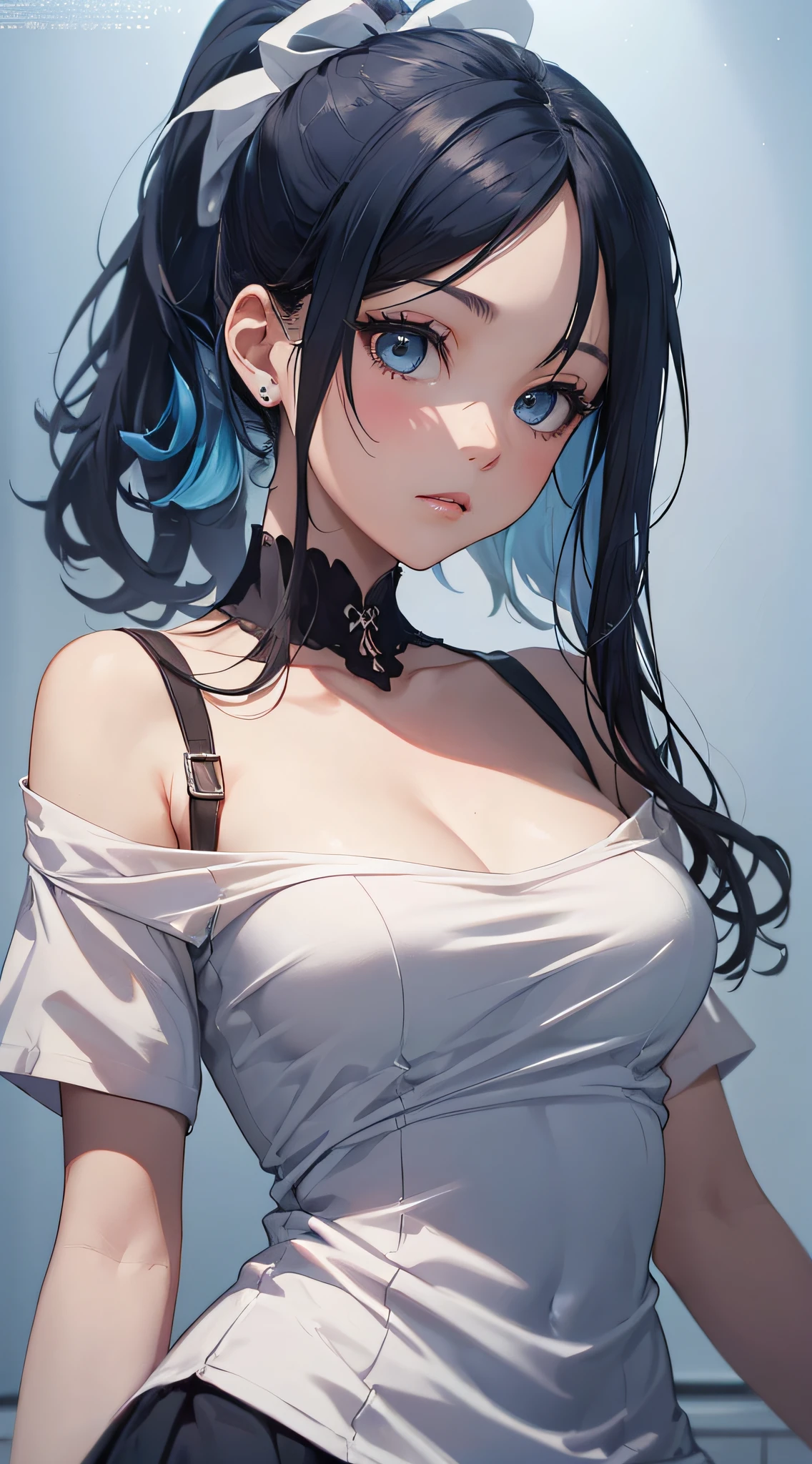 top-quality、Top image quality、masterpiece、girl with((cute little、18year old、Best Bust、Medium bust、Bust 85,Beautiful blue eyes、Breasts wide open,Ponytail with black hair、A slender、Blue hair mesh、robe blanche、White short skirt、tee))hiquality、Beautiful Art、Background with((Large White Room、White lighting)),masutepiece、Elaborate design、visualart、depth of fields、The best lighting、highestdetailed、8k