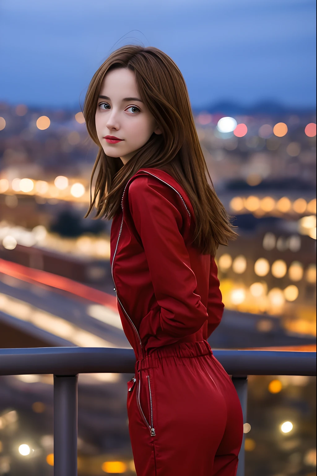 skinny  teen max caulfield   , 
brown hair ,  ,. red lips ,long hair , , no selfie , depth of field, no happy, 
 ,    no smiling ,,, jumpsuit , jens pants , , 
 looking at viewer, city at night