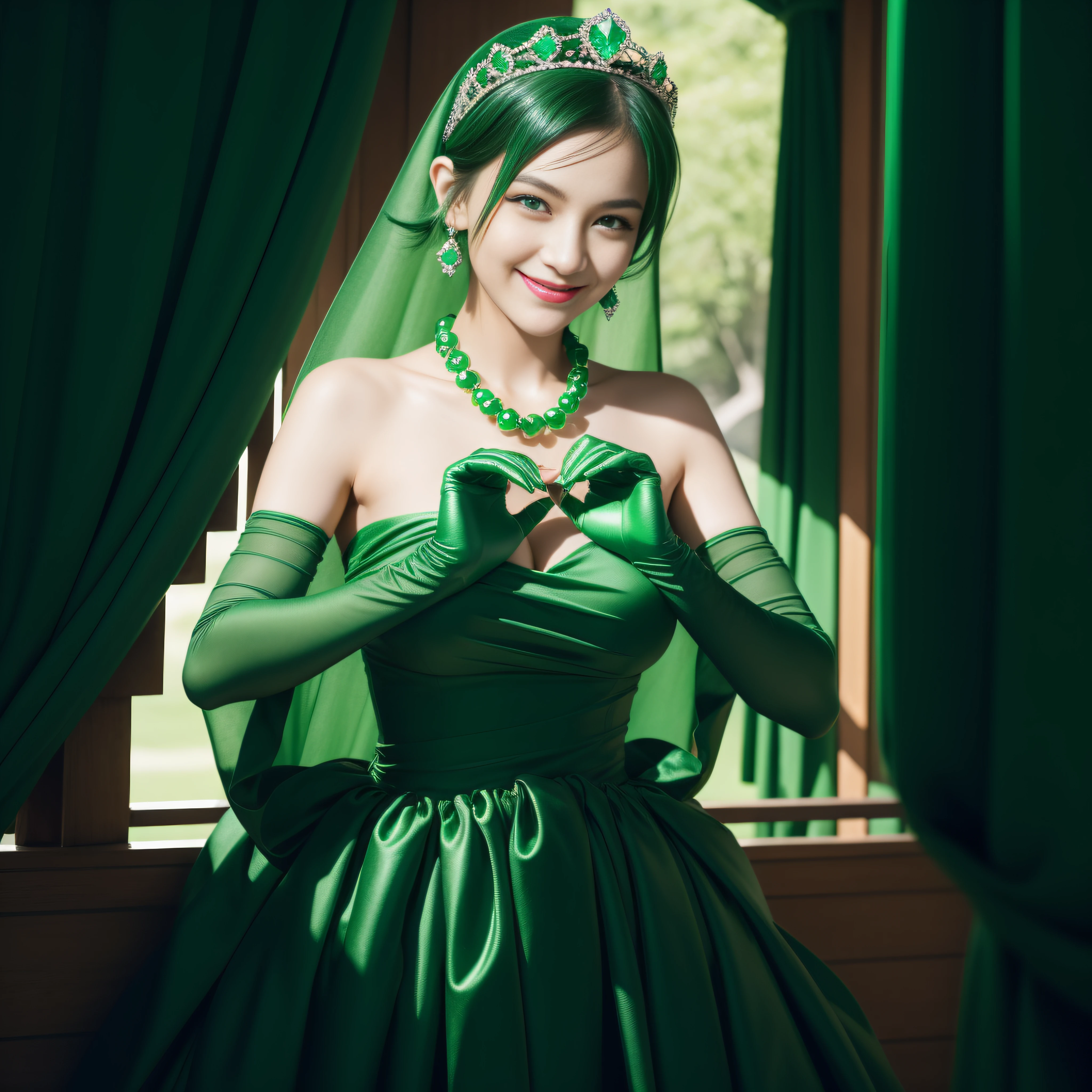 emerald tiara, Green Pearl Necklace, Boyish very short black hair, lipsticks, Japan woman smiling, very short short hair, big breasts beautiful, Green eyes, Long green gloves made of satin material, Green eyes, Emerald Earrings, green vale, Heart with both hands,Black hair