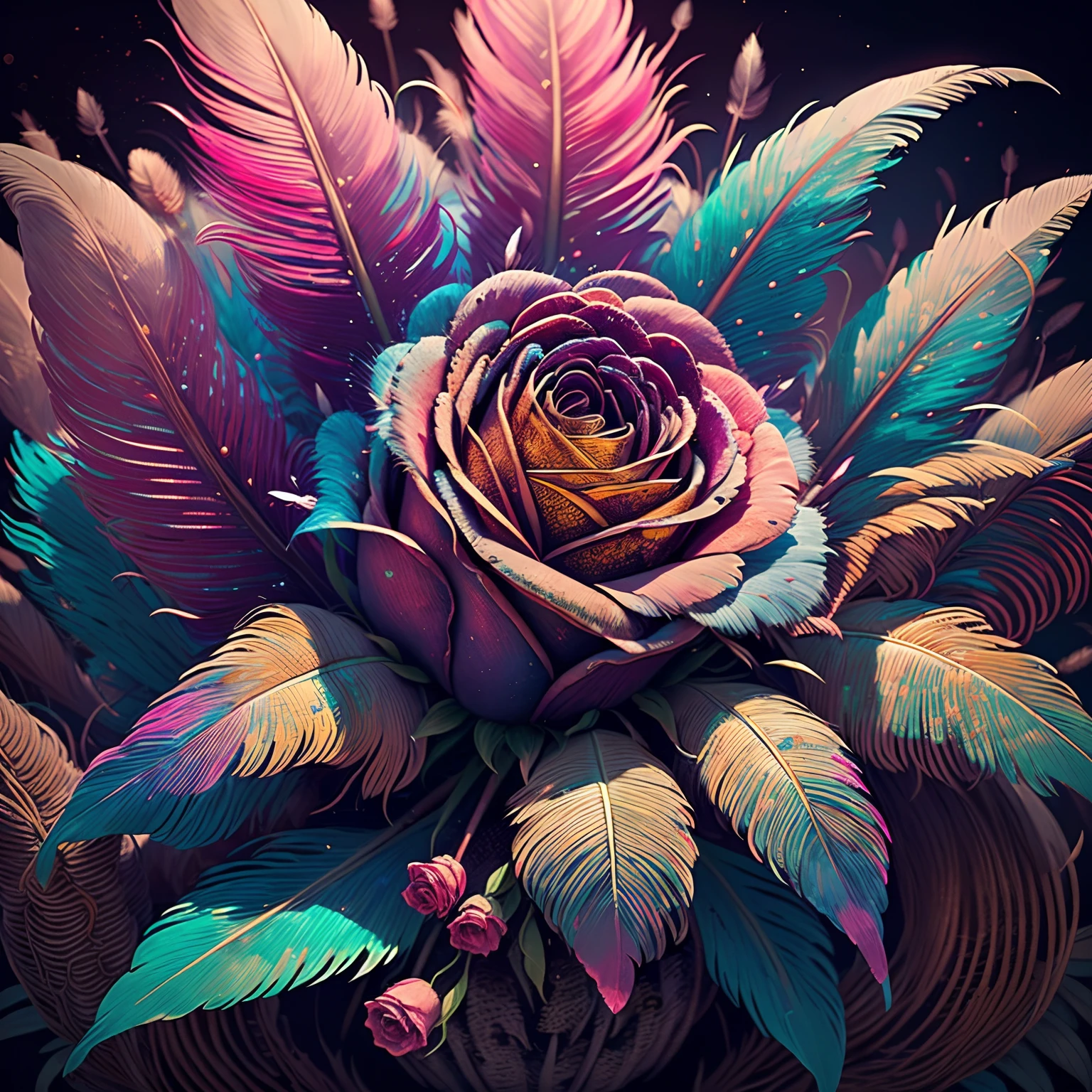 Riff Style 2 (masutepiece, top-quality, Best Quality, Official art, Plants and bird feathers, Beautiful and aesthetic:1.2), (roses、Pampas grass:1.3), Extremely detailed,(Fractal Art:1.1),(Colorful:1.1)(Flowers:1.3),highest details,(Zentangle:1.2), (Dynamic Pose), (Abstract background:1.3), (Shiny skin), (Many colors:1.4), ,(earrings), (Feathers:1.5)