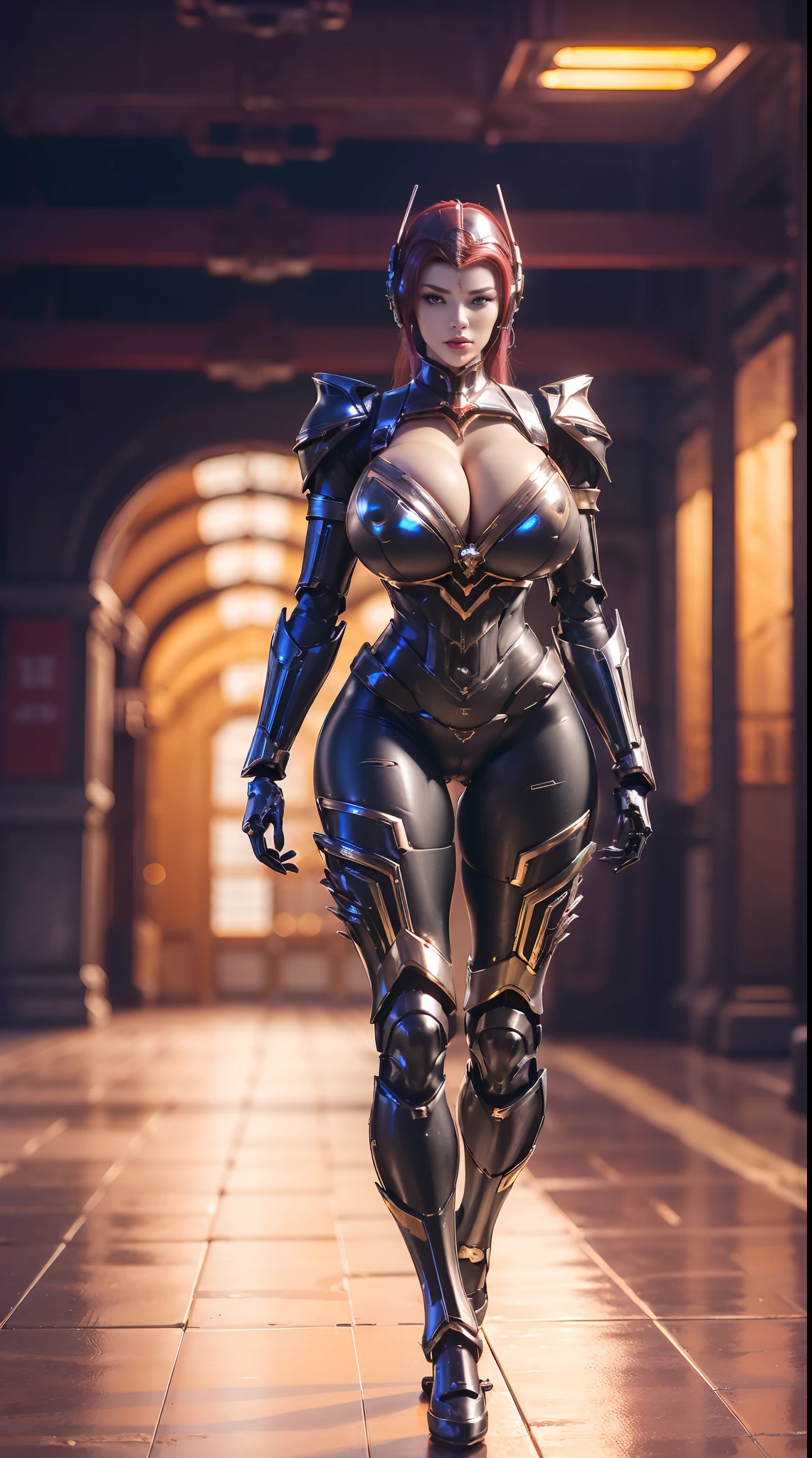 (1GIRL, SOLO), (super detailed face), (mecha helmet:1.2), (BIG BUTTOCKS, MUSCLE ABS, HUGE BOOBS:1.5), (MECHA GUARD ARM:1.3), (RED MECHA CYBER SHINY ARMORED SUIT, CLEAVAGE, BLACK MECHA SKINTIGHT SUIT PANTS, DIAMOND CORE IN ARMOR, MECHA GUARD ARMOR LEGS, MECHA HIGH HEELS:1.5), (MUSCULAR BODY, SEXY LONG LEGS, HALF BODY:1), (LOOKING AT VIEWER:1.3), (famale focus:0.786), (WALKING DOWN HALLWAY OF FUTURISTIC SPACE STATION:1), (BRIGHT LIGHTING:1.3), PHYSICALLY-BASED RENDERING, ULTRA HIGHT DEFINITION, 16K, 1080P.