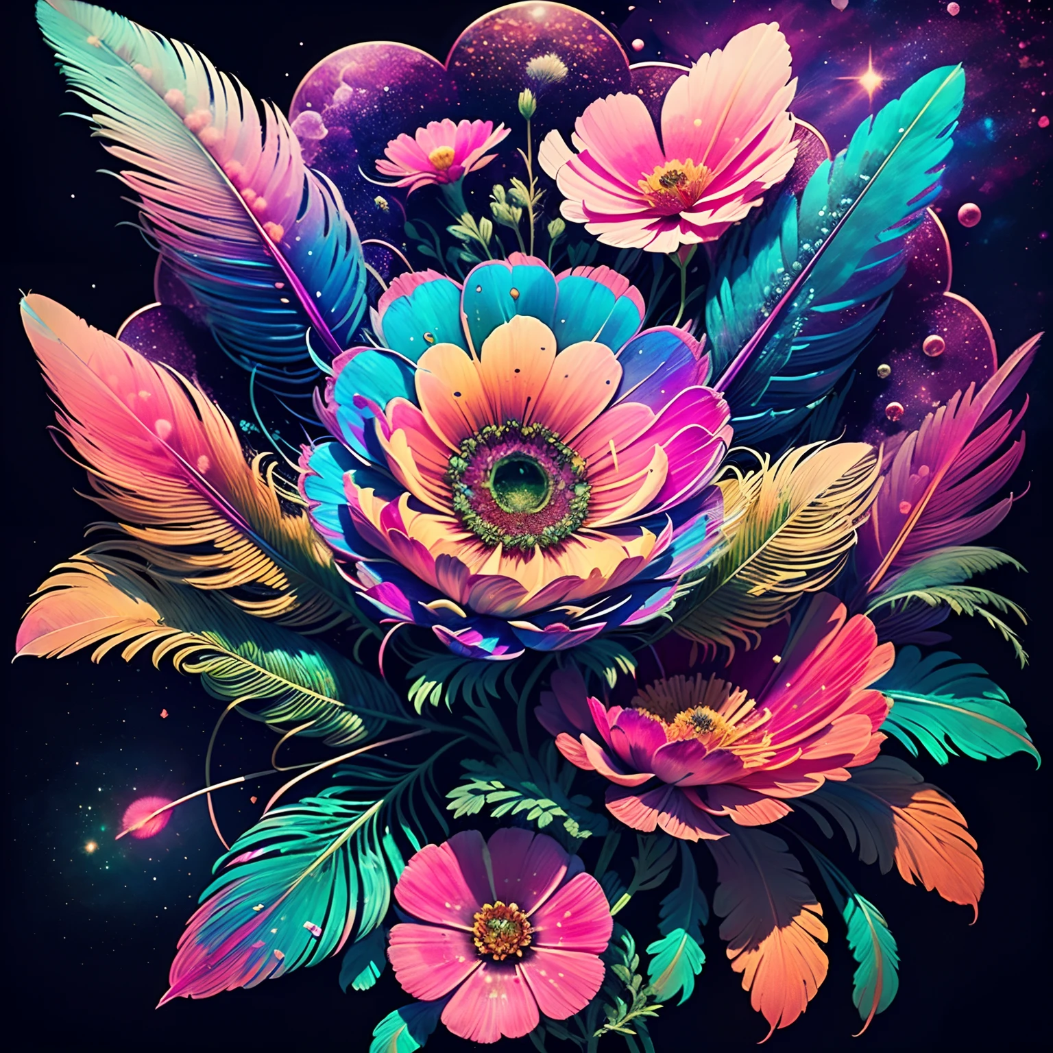 Riff Style 2 (top-quality, Best Quality, Official art, Plants and bird feathers, Beautiful and aesthetic flowers:1.2), (cosmos:1.3), Extremely detailed,(Fractal Art:1.1),(Colorful:1.1)(Flowers:1.3),highest details,(Zentangle:1.2), (Dynamic Pose), (Colorful abstract background:1.3), (Glossy flowers), (Many colors:1.4), Colorful Accessories, (Feathers:1.5)