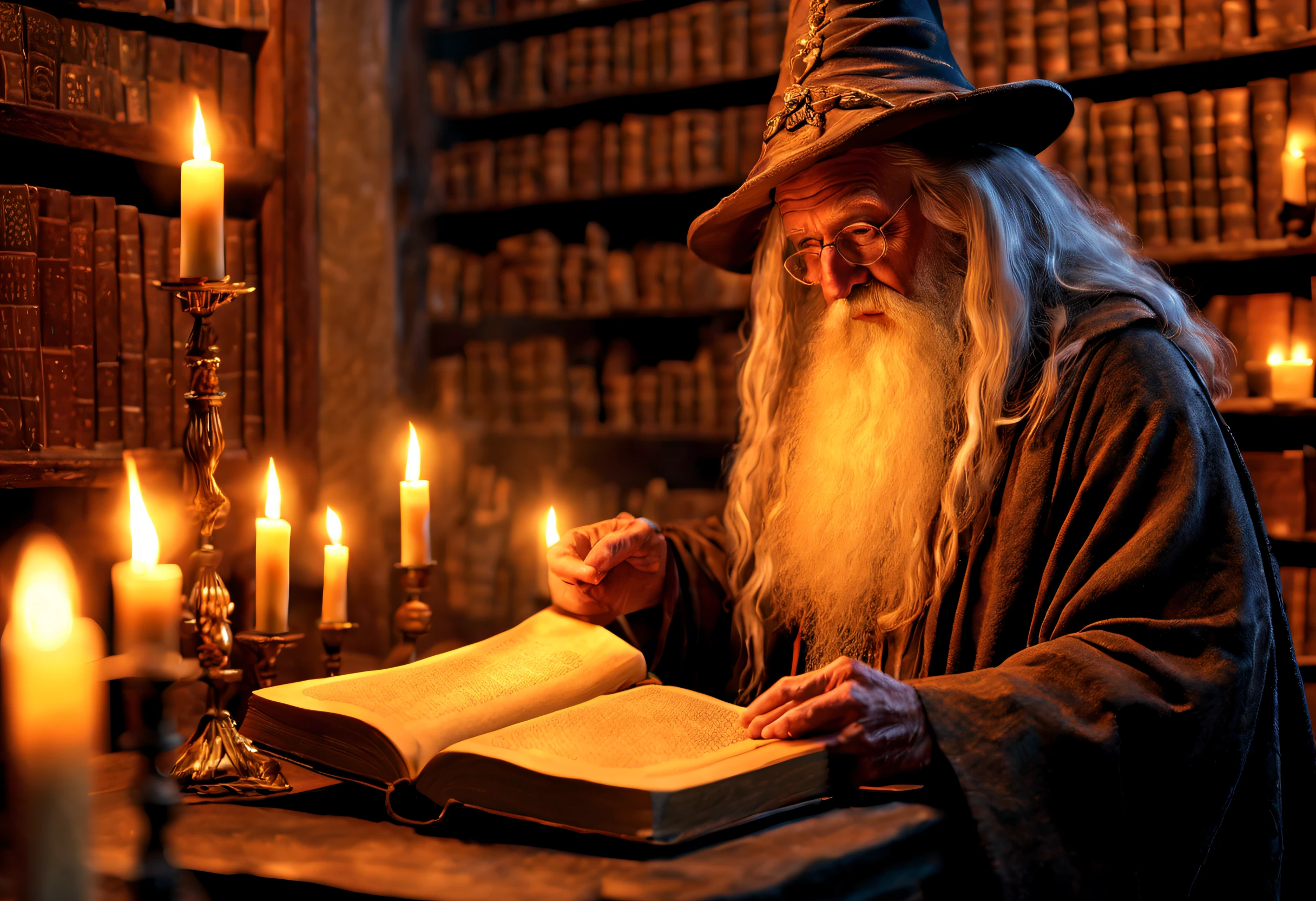 best quality, 4k, 8k, high resolution, masterpiece: 1.2), ultra detailed, (realistic, photorealistic, photorealistic: 1.37). A wise old wizard reading an ancient tome by candlelight in an ancient library. Tolkien-style magical atmosphere.