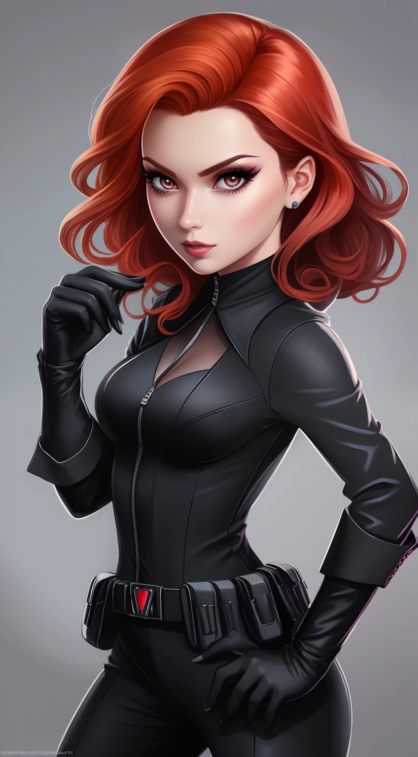 outstanding，Cartoony， Close-up of a cartoon character of a woman in a black suit, Black Widow, big beatiful eyes, drawn in the style of artgerm, Cartoony