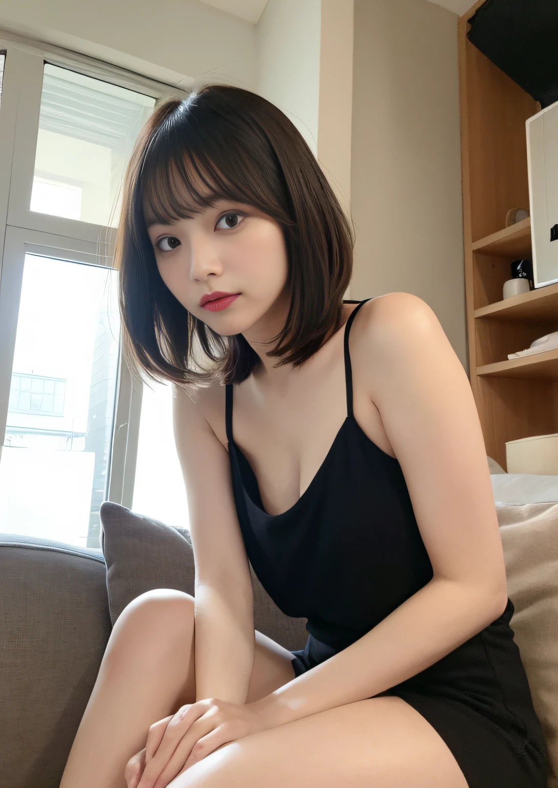 finely detail, hight resolution, hightquality、Perfect dynamic composition, Beautiful detailed eyes, Bob Layer Cut、frombelow、Gaze、From below、From below、sit on sofa、long legged、despise、Looking at the camera、Holding the bud in your hand、Natural Color Lip, 28 year old、1 persons、Transparent skin、Glowing hair、Bedroom、inside in room、Fashionable clothes、Shibuya、Gelato Pique、room wear、Fashionable、beauty legs、Futomo、Shake your head、glares、irritation、irate