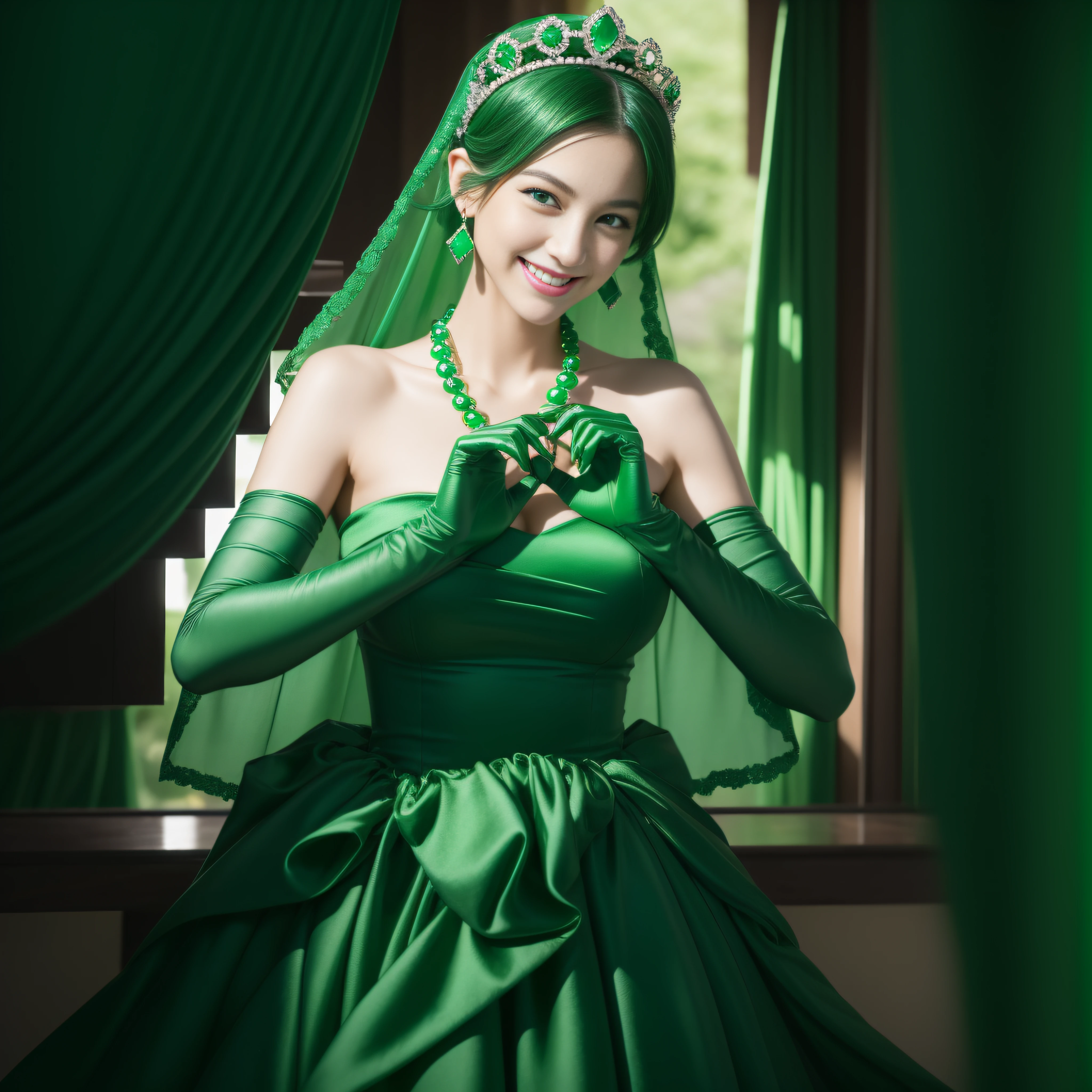 emerald tiara, Green Pearl Necklace, Boyish very short black hair, lipsticks, Japan woman smiling, very short short hair, big breasts beautiful, Green eyes, Long green gloves made of satin material, Green eyes, Emerald Earrings, green vale, Heart with both hands,Black hair