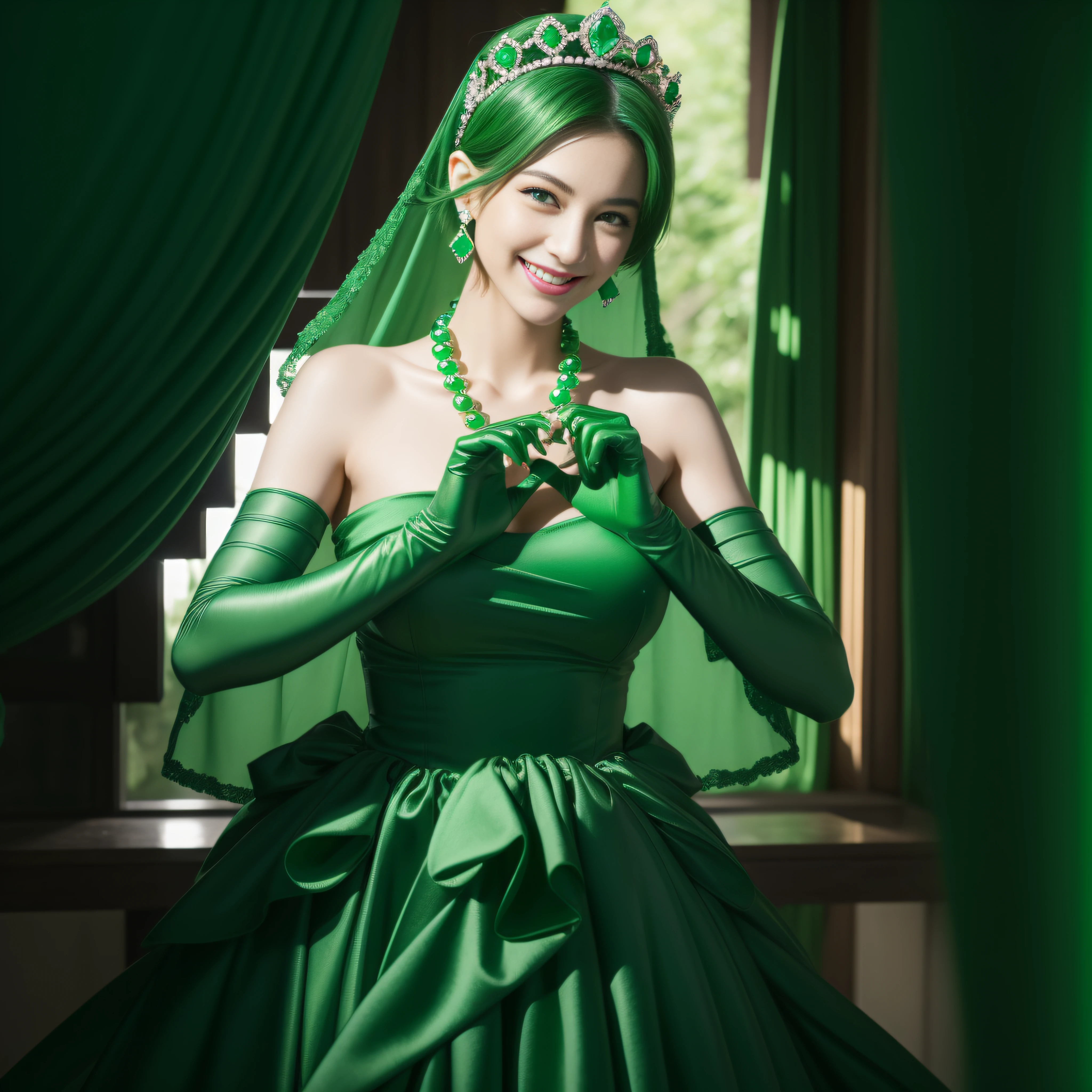 emerald tiara, Green Pearl Necklace, Boyish very short black hair, lipsticks, Japan woman smiling, very short short hair, big breasts beautiful, Green eyes, Long green gloves made of satin material, Green eyes, Emerald Earrings, green vale, Heart with both hands,Black hair