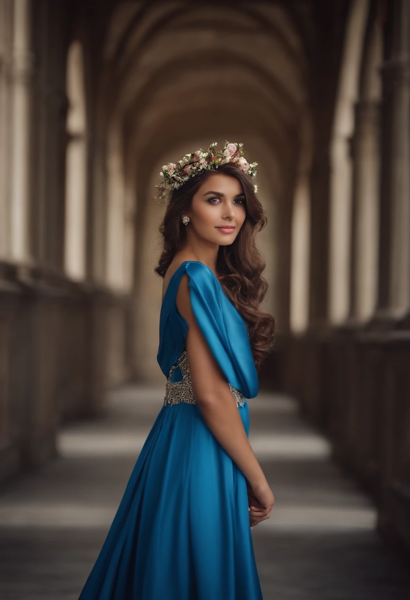 princes graduation in campus with blue dress. the hair is curli and use toga