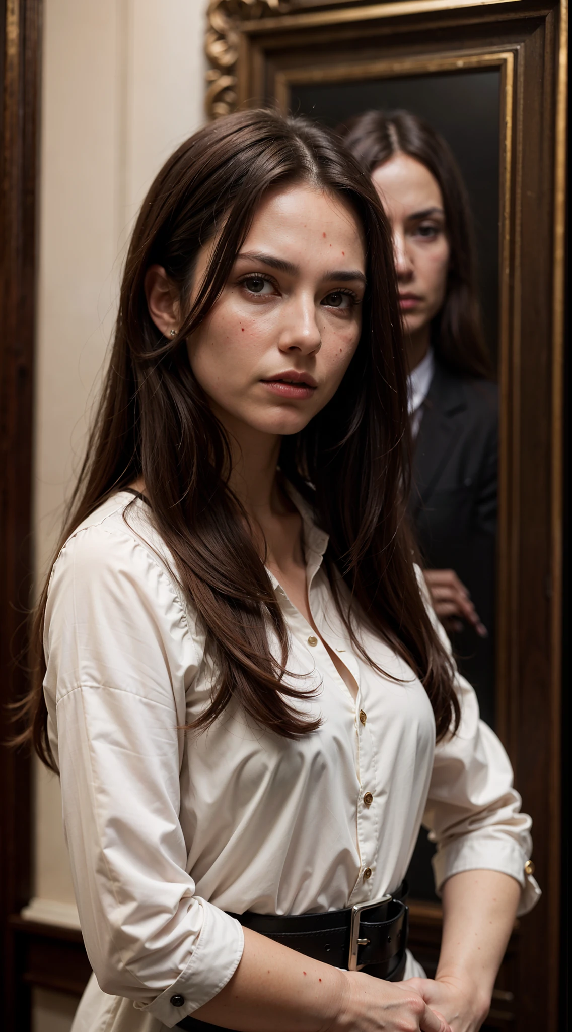 (photo portrait:1.0), a woman wearing elegant clothes, brown hair, dark eyes, hand on hip, (sadestic woman, upper body, blood on face, torture)